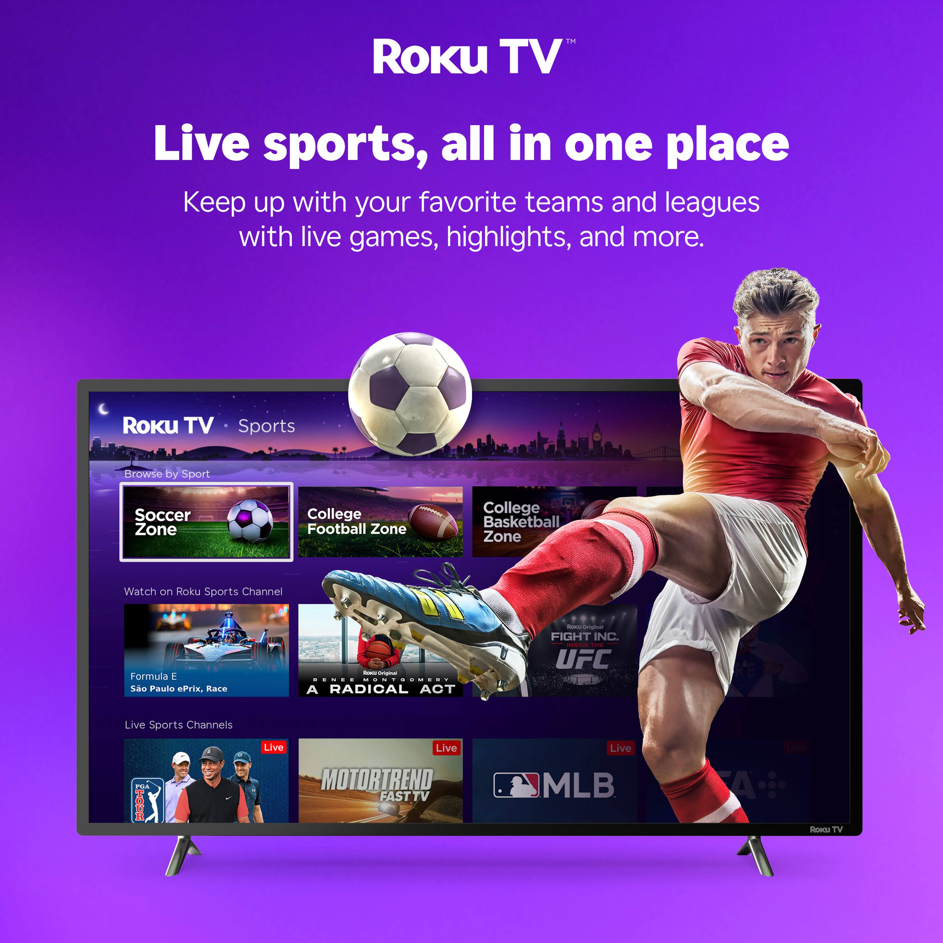 The text on the image is grouped and corrected as follows:

"Roku TV Live sports, all in one place. Keep up with your favorite teams and leagues with live games, highlights, and more. Roku TV Sports. Browse by Sport: Soccer Zone, College Football Zone, College Basketball Zone. Watch on Roku Sports Channel: Formula E So Paulo Prix. Race - ... .-. < ... > A Radical AOT - I FIGHT NC: UFC. Live Sports Channels: Live MOTORTREND FAST TV, Live MLB."