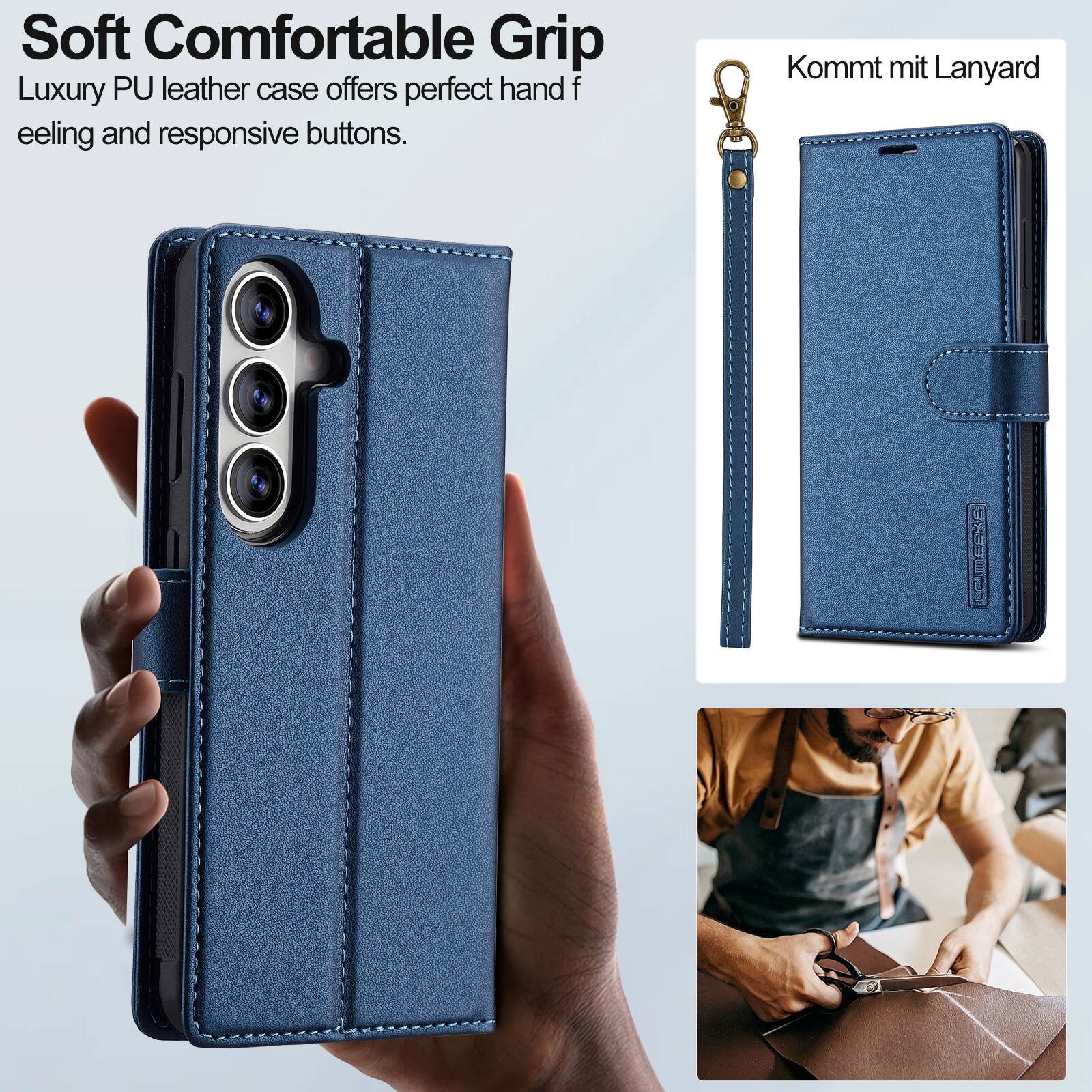 Soft Comfortable Grip  
Luxury PU leather case offers perfect hand feeling and responsive buttons.  
Kommt mit Lanyard