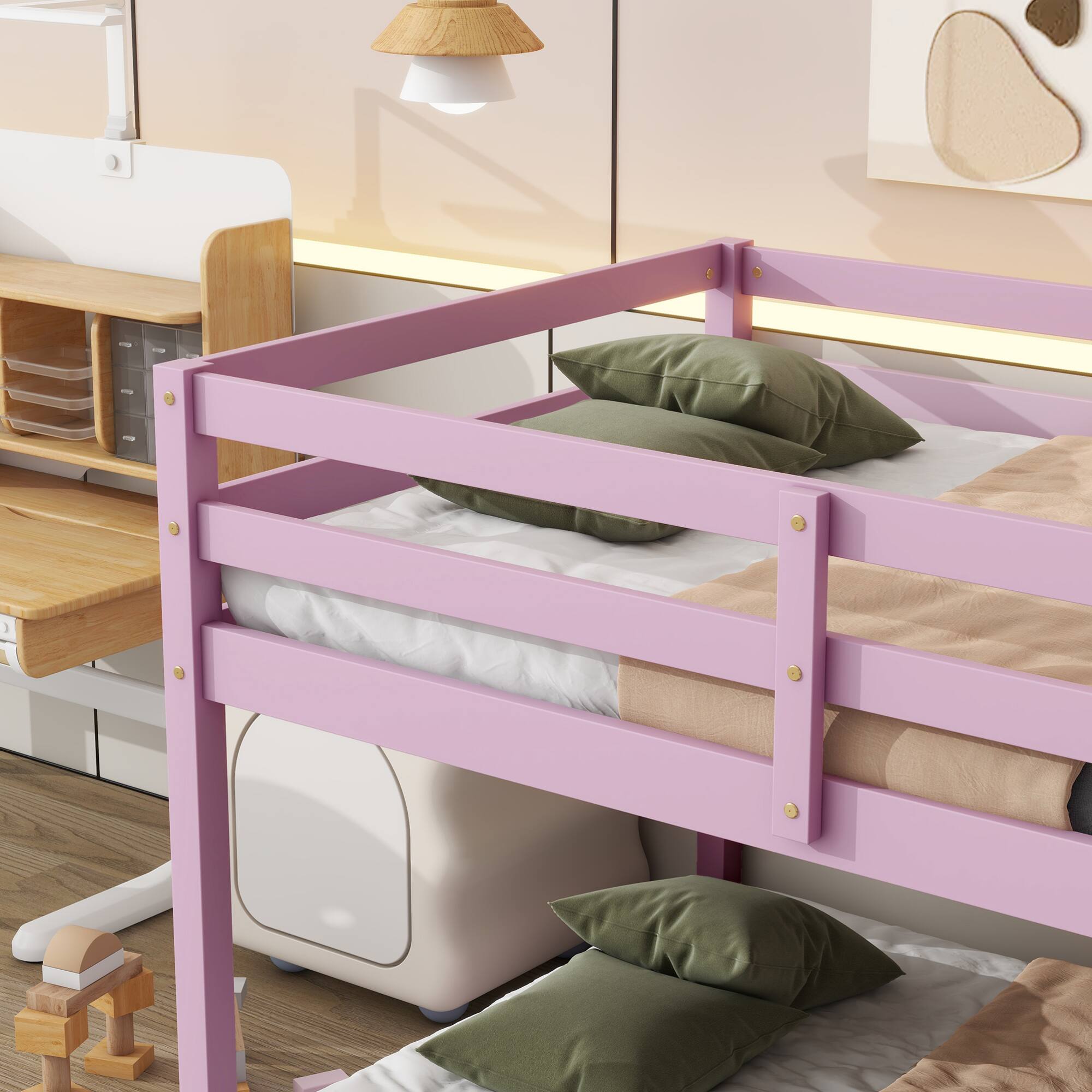 Alt View 6. GOODSILO - Solid Wood Twin Over Twin Floor Bunk Bed with Ladder and Strengthened Slats for Enhanced Stability - Pink.