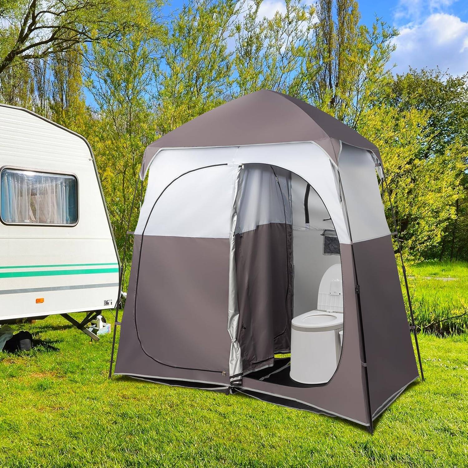 Alt View 7. Winado - 7.5FT Camping Dressing 2-Room Shower Tent Pop Up Shelter with Carrying Bag Privacy Changing Room Portable Toilet Outdoor - Dark Brown.