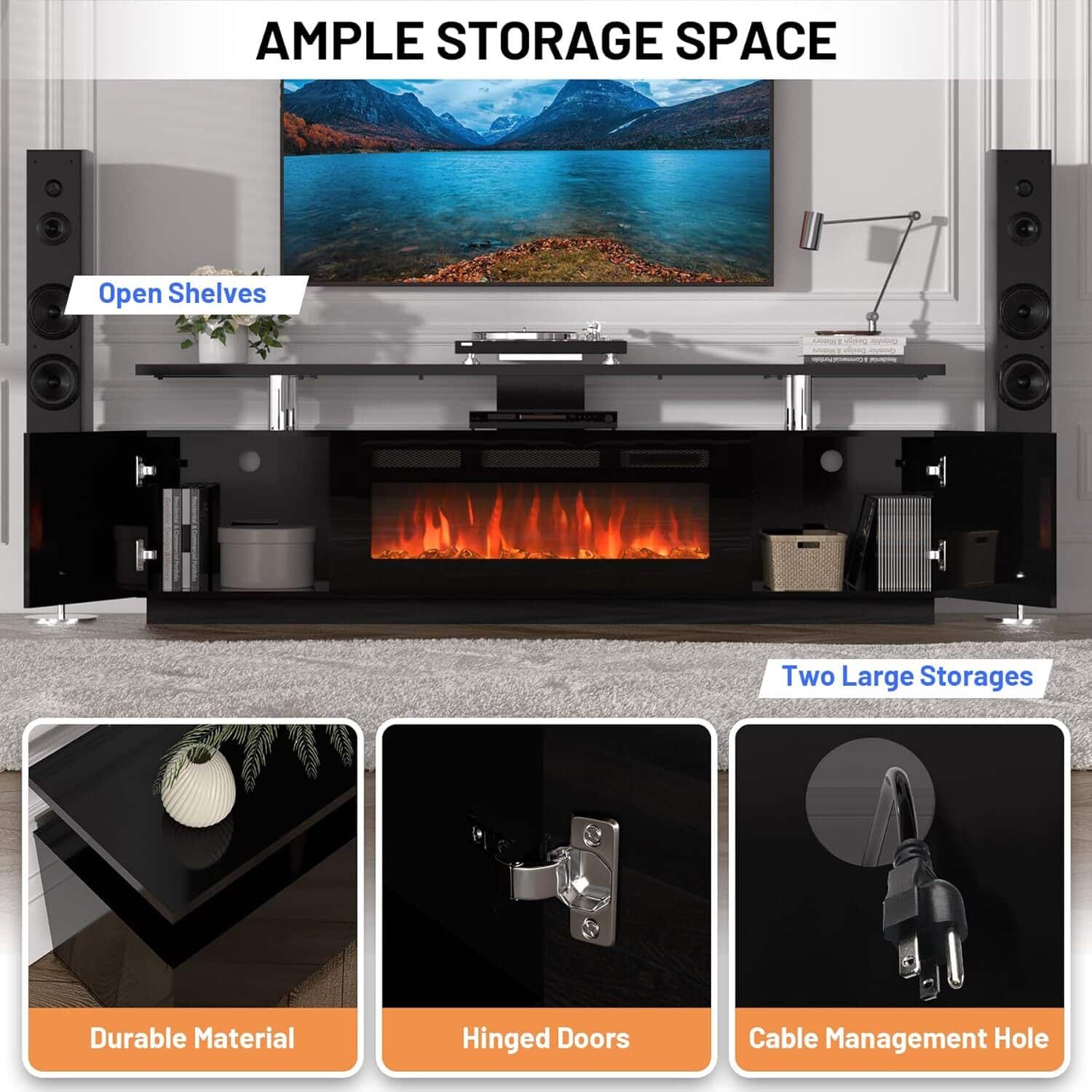 AMPLE STORAGE SPACE
- Open Shelves
- Two Large Storages
- Durable Material
- Hinged Doors
- Cable Management Hole