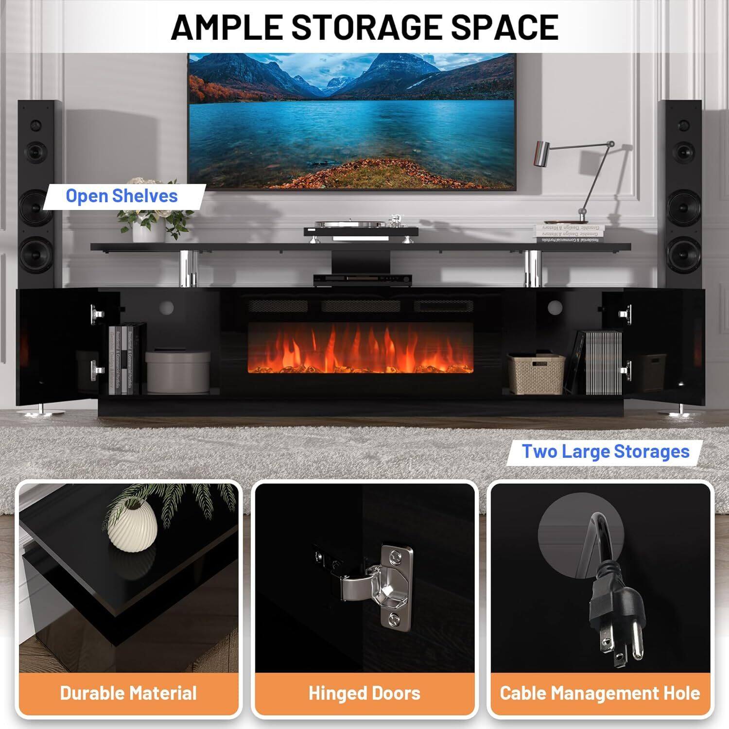 AMPLE STORAGE SPACE

- Open Shelves
- Two Large Storages
- Durable Material
- Hinged Doors
- Cable Management Hole