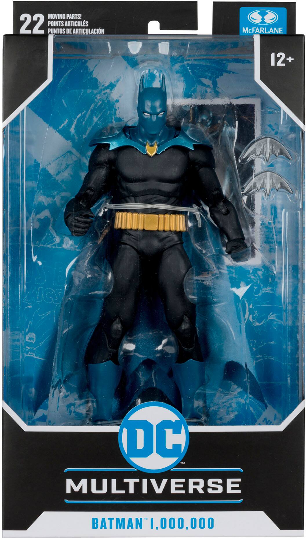 The text on the image reads: "Moving parts! 22 points of articulation. McFarlane 12+ points of articulation. DC Multiverse 1,000,000 Batman."