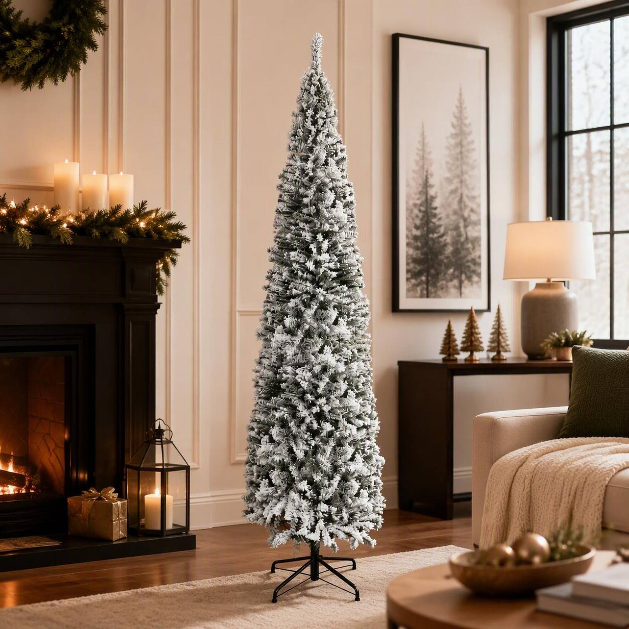 Left. RYHNUYNE - 9Ft Flocked Pencil Artificial Christmas Tree, Faux Snow Realistic Branches Bendable Design Indoor Holiday Home Decor - Green.
