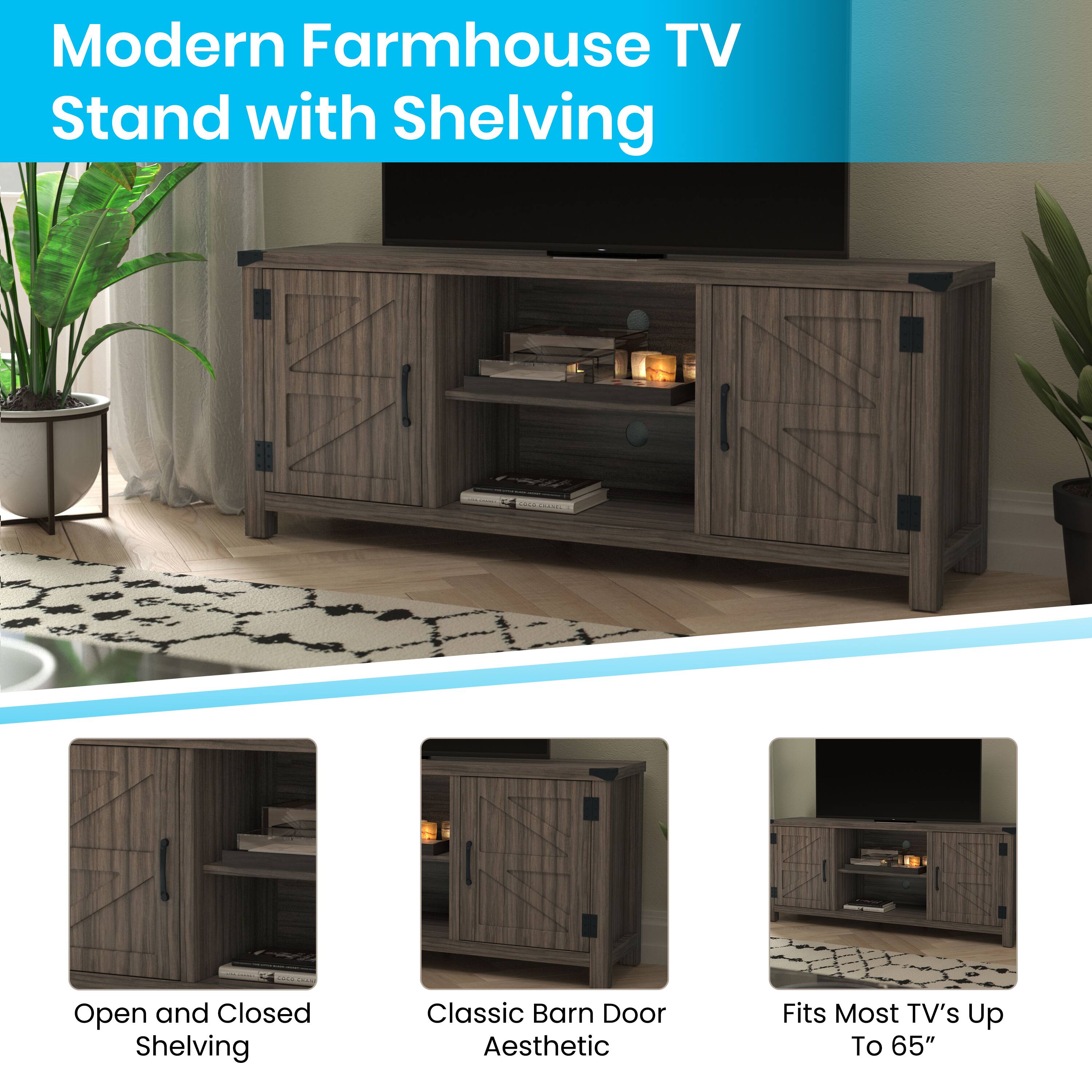 Alt View 11. Alamont Home - 59 Inch Barn Door TV Stand Fits up to 65" TV's with Adjustable Shelf - Gray Wash Oak.