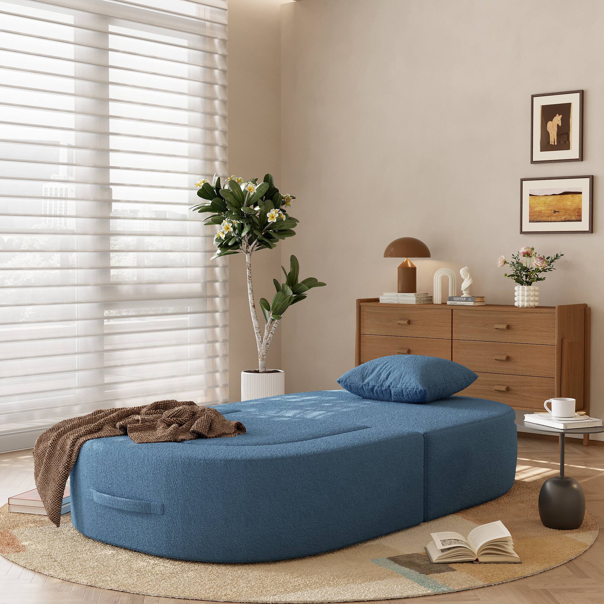 Back. Yardgrace - Boneless Sofa Chair Lounge Chair for Living Room, Modern Convertible Upholstered Sofa, Comfy Sherpa Leisure Couch - Blue.