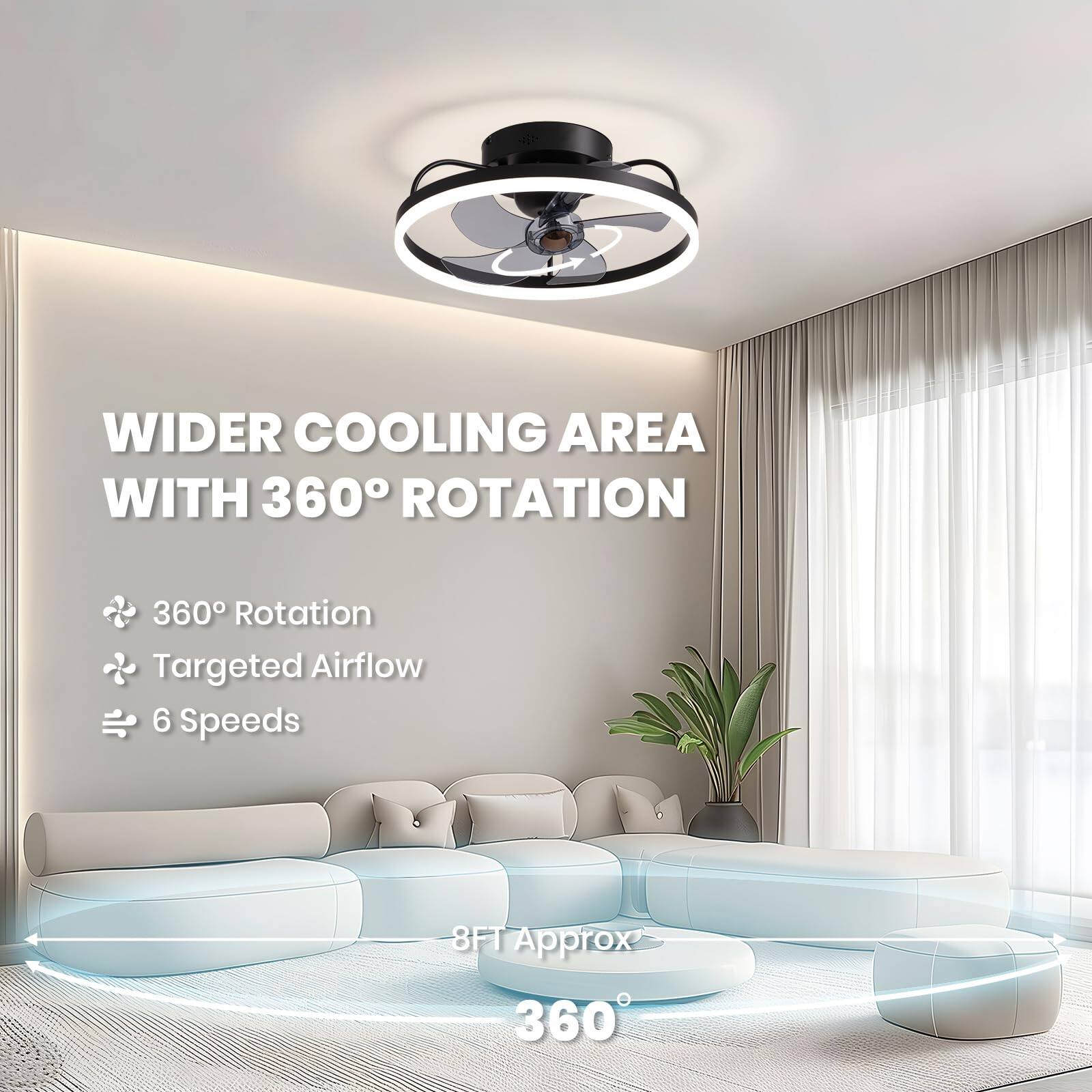 WIDER COOLING AREA WITH 360° ROTATION

- 360° Rotation
- Targeted Airflow
- 6 Speeds

8FT Approx 360°