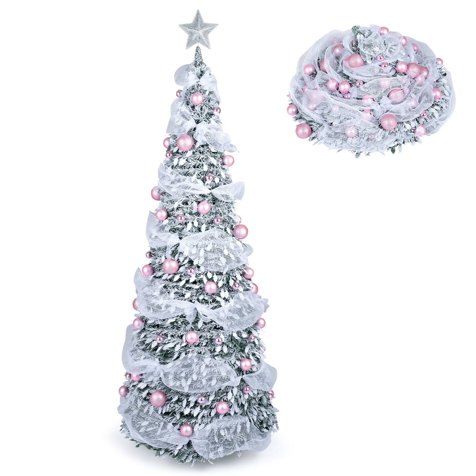 Alt View 9. Costway - Costway 7 ft Pop Up Flocked Christmas Tree with 73 Xmas Balls 180 Pre-Lit LED Lights Ribbon - Green & White.