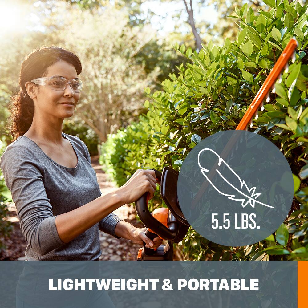 The image features a woman standing in a garden, holding a pair of pruning shears. The text "Lightweight & Portable" is displayed in the foreground, with the weight of the pruning shears being 5.5 lbs.