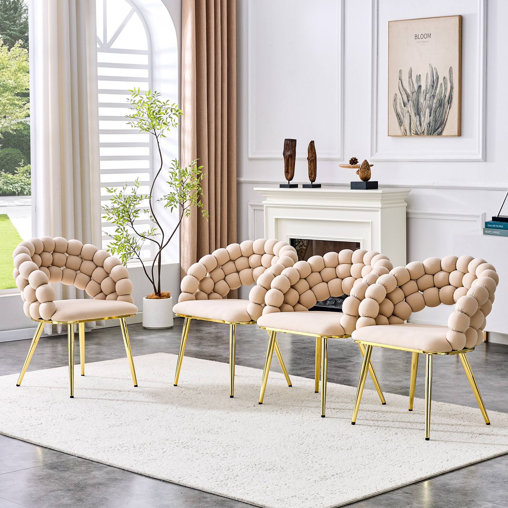 Back. Loheer - Loheer Dining Chairs Set of 2 Beige Velvet Bubble Accent Chairs for Dining Room Kitchen with Gold Legs 2.1 ft - Beige,Gold.