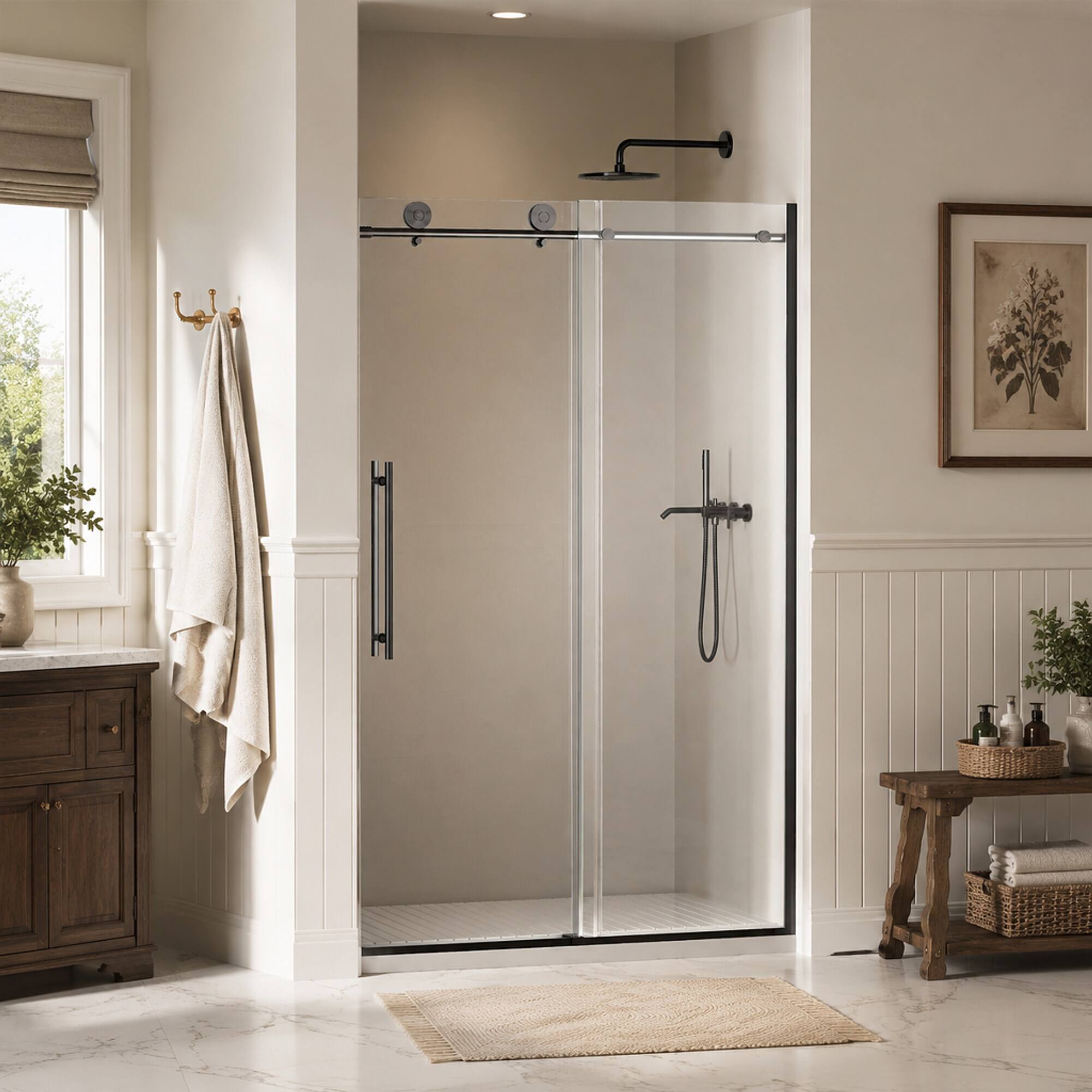 Angle. RYHNUYNE - 44-48 In W X 75 In H Frameless Sliding Shower Door, 5/16 In Clear Tempered Glass Matte Black Finish - Matte Black.