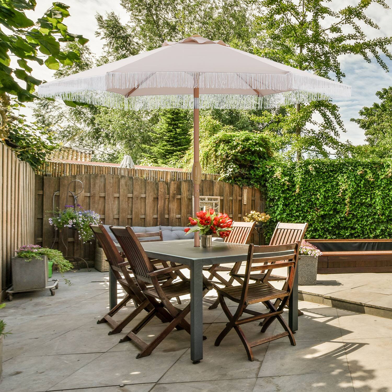 Left. Ainfox - Ainfox 7.5ft Patio Umbrella with Fringe for Event Outdoor Garden Yard Deck Wedding Themed Restaurant Cafe Bistro Set - Khaki.