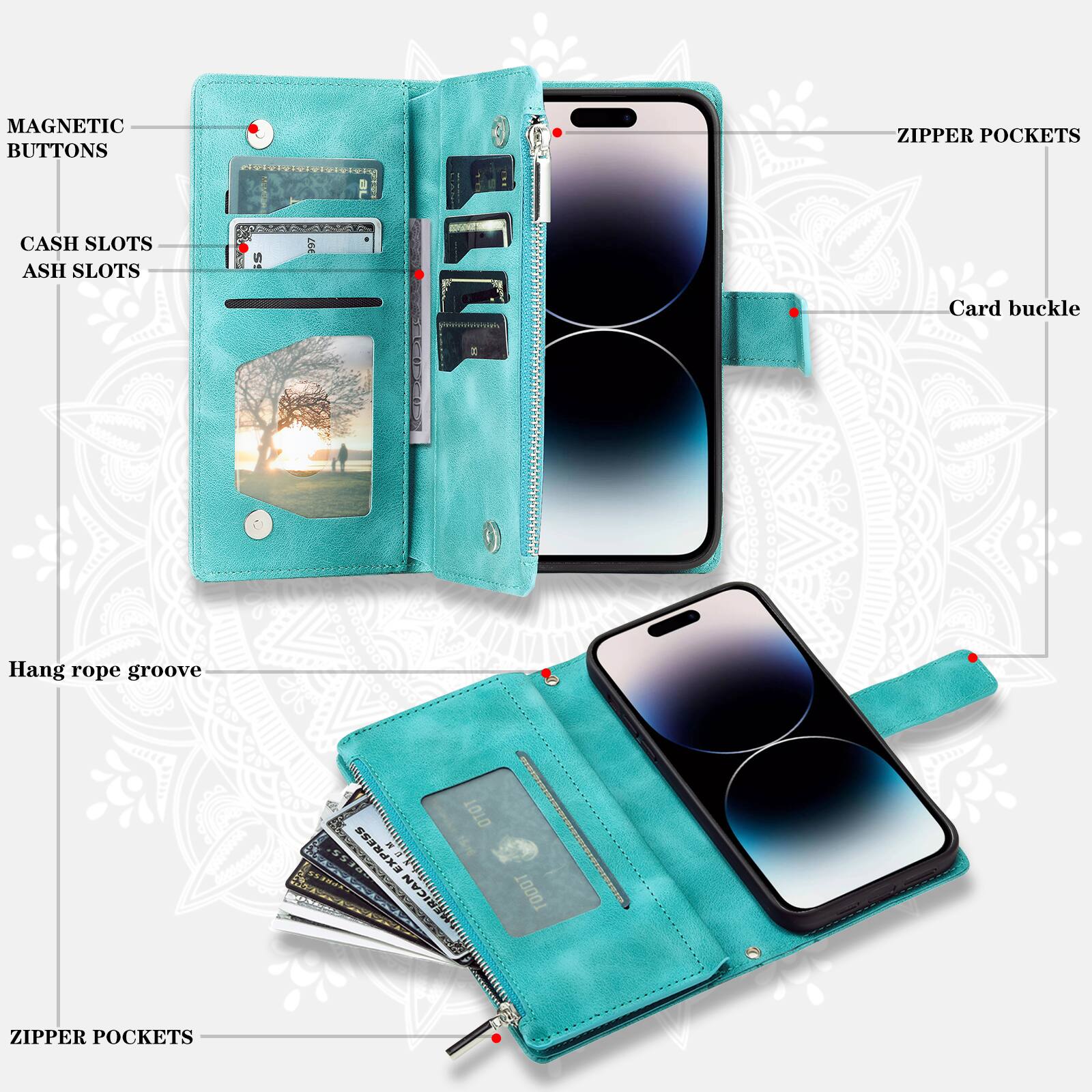 MAGNETIC BUTTONS  
ZIPPER POCKETS  
CASH SLOTS ASH SLOTS  
Card buckle  
Hang rope groove  
RESS N CAN  
1010  
10001  
ZIPPER POCKETS
