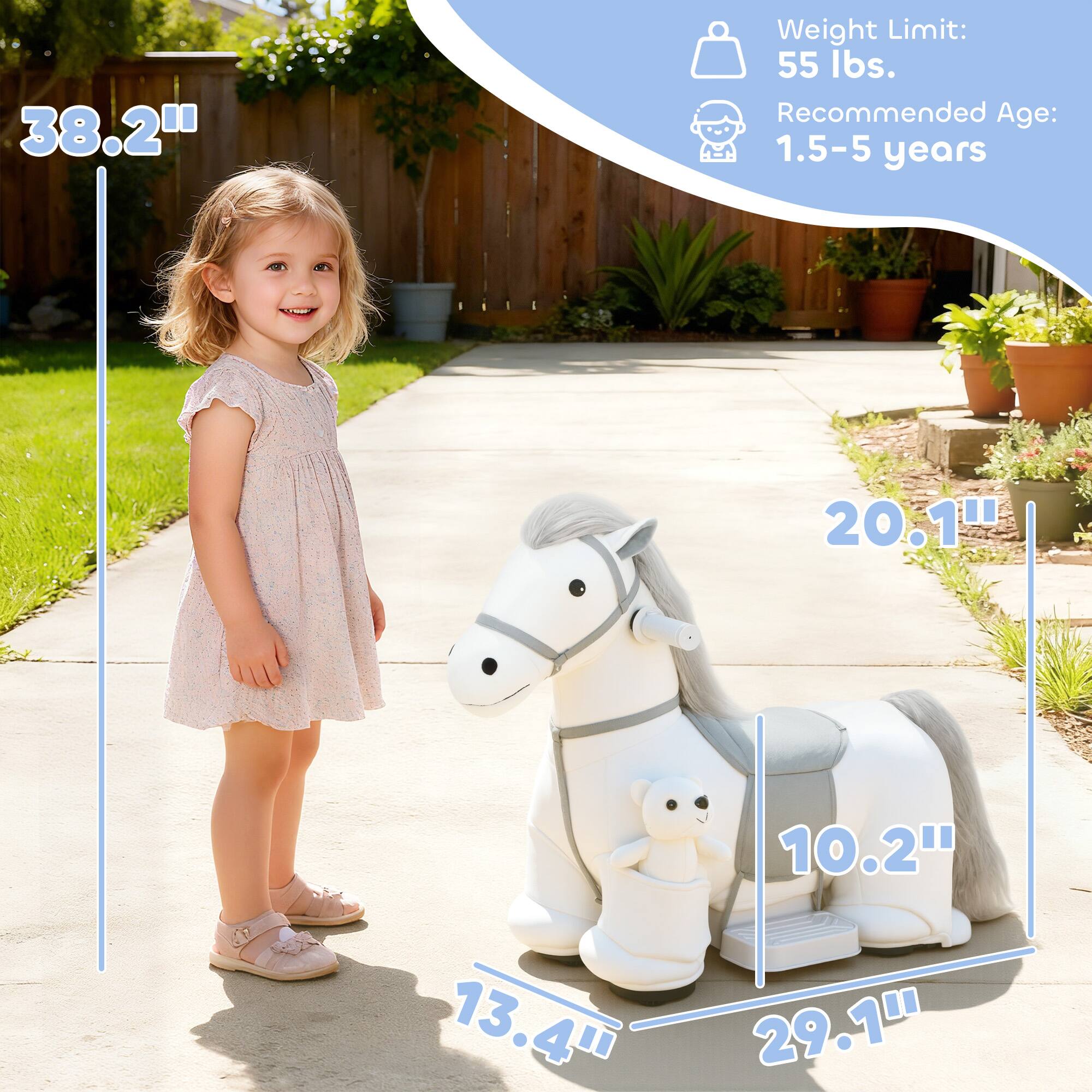 38.2"  
Weight Limit: 55 lbs.  
Recommended Age: 1.5-5 years  

20.1"  
10.2"  
13.4"  
29.1"
