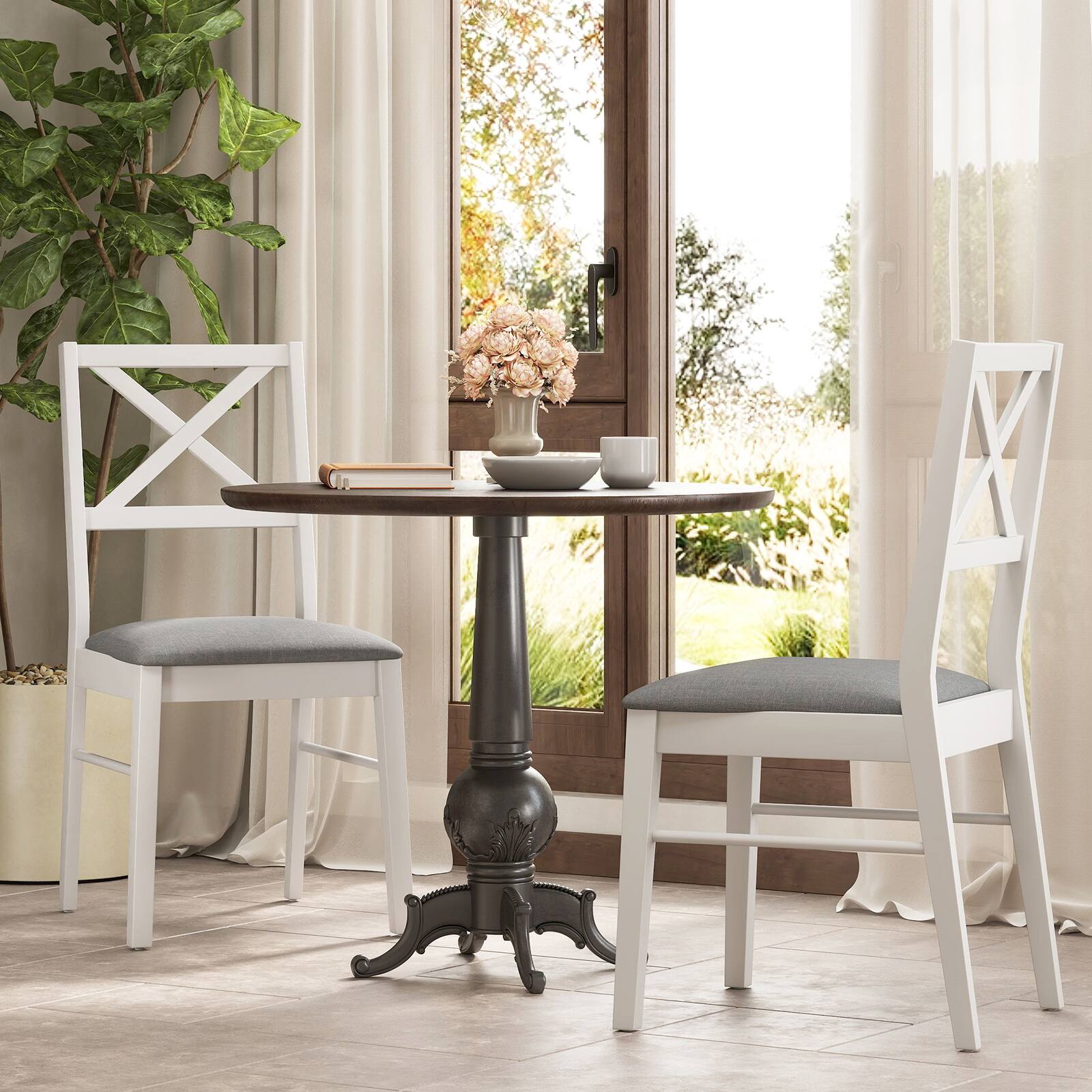 Alt View 1. Gymax - Gymax Dining Chairs Set of 2 Upholstered Kitchen Side Chairs w/ Rubber Wood Frame White & Grey - White, Grey.