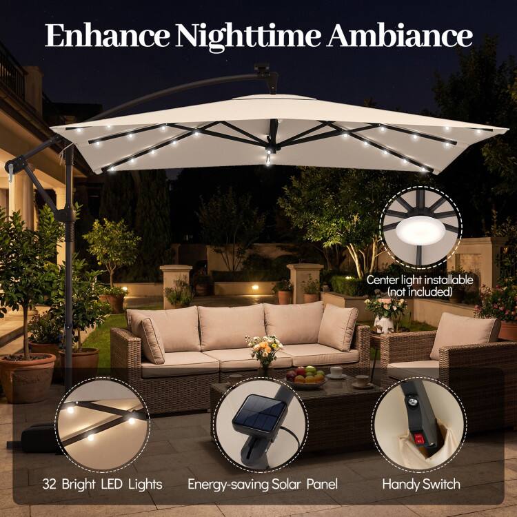 Enhance Nighttime Ambiance

- Center light installable (not included)
- 32 Bright LED Lights
- Energy-saving Solar Panel
- Handy Switch
