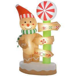 Outsunny - 6ft Inflatable Gingerbread Man & Signpost with White LEDs, Blow-Up Outdoor Decorations - Brown