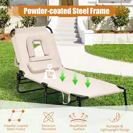 Pefilos - Patio Lounge Chair, Outdoor Folding Chaise Beach Pool Patio Lounge Chair Bed with Adjustable Back and Hole- Cushion - Beige