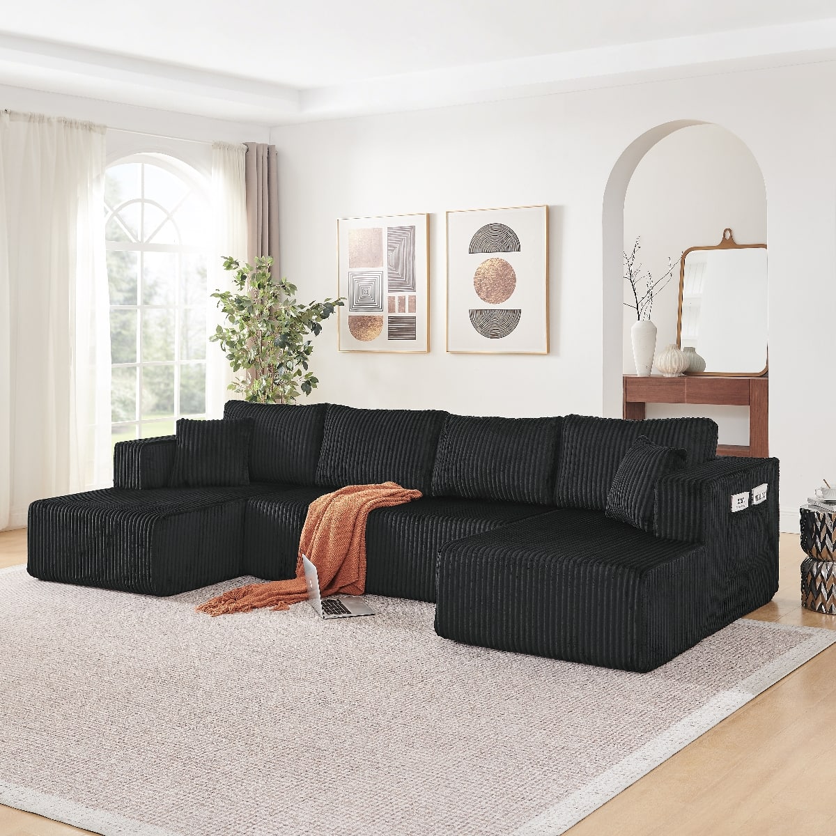 Ropilly - U Shaped Modular Sectional Sofa, Black Corduroy Double Chaise Sectional Sofa, Memory Foam Couch - Black
