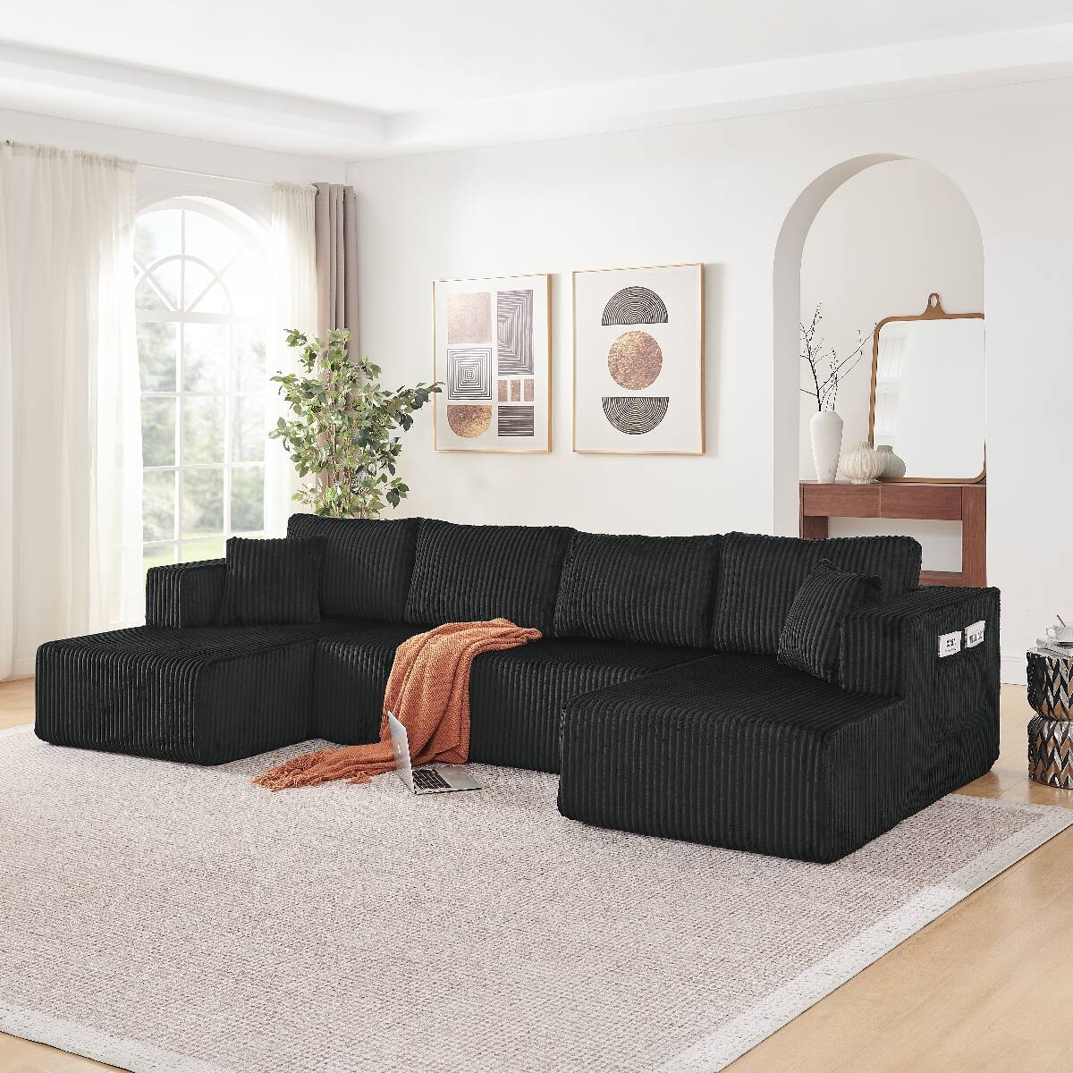 Front. Ropilly - Ropilly U Shaped Modular Sectional Sofa, Black Corduroy Double Chaise Sectional Sofa, Memory Foam Couch - Black.