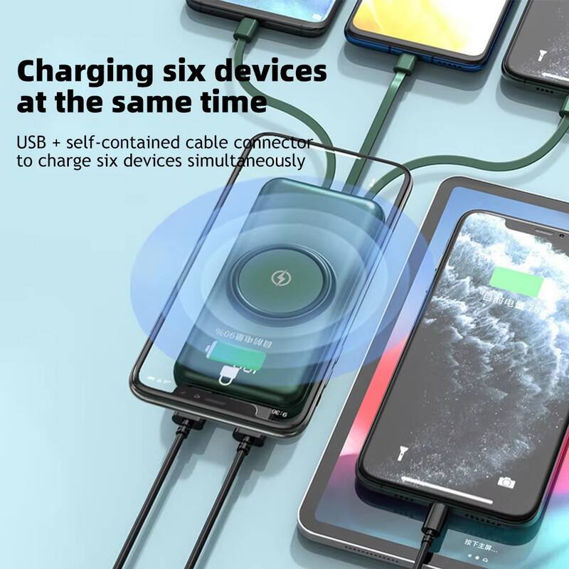 Charging six devices at the same time  
USB + self-contained cable connector to charge six devices simultaneously