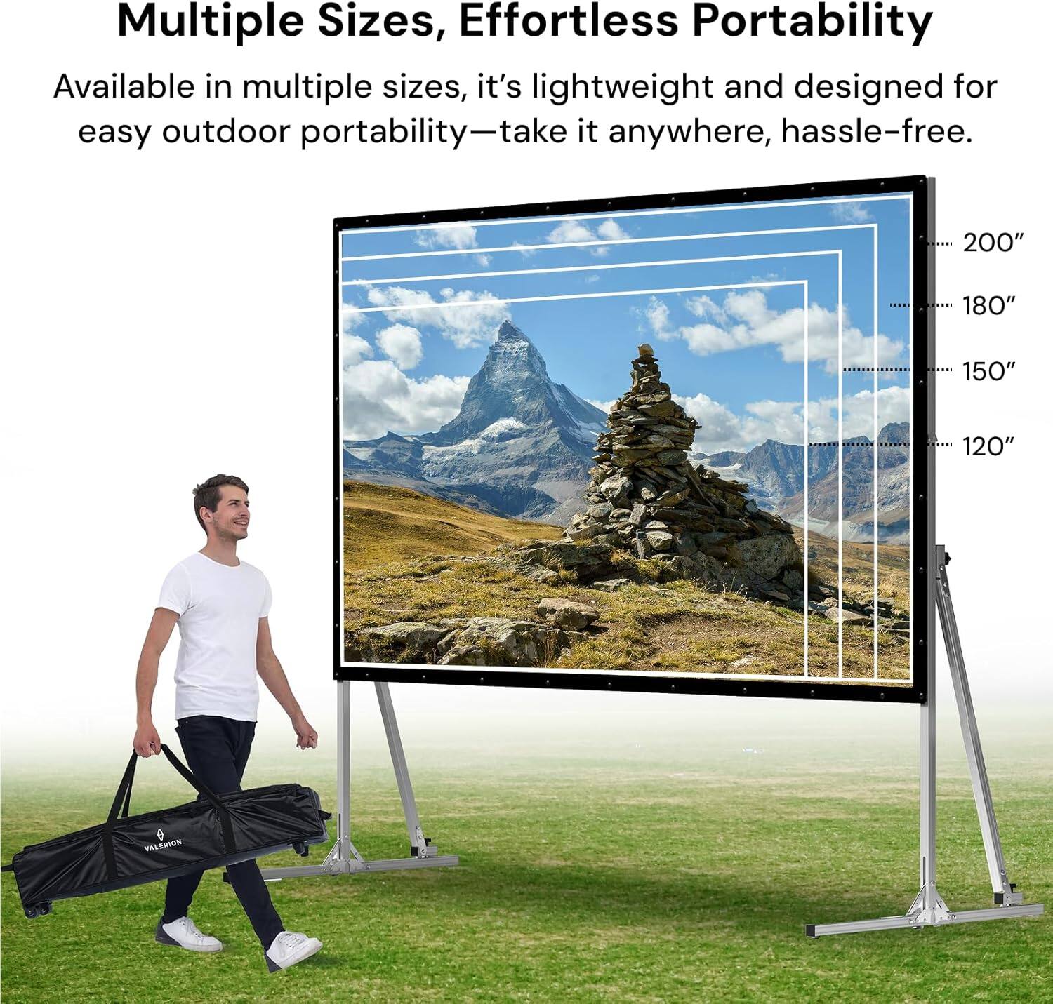 Multiple Sizes, Effortless Portability

Available in multiple sizes, it's lightweight and designed for easy outdoor portability—take it anywhere, hassle-free.

200" 180" 150" 120"