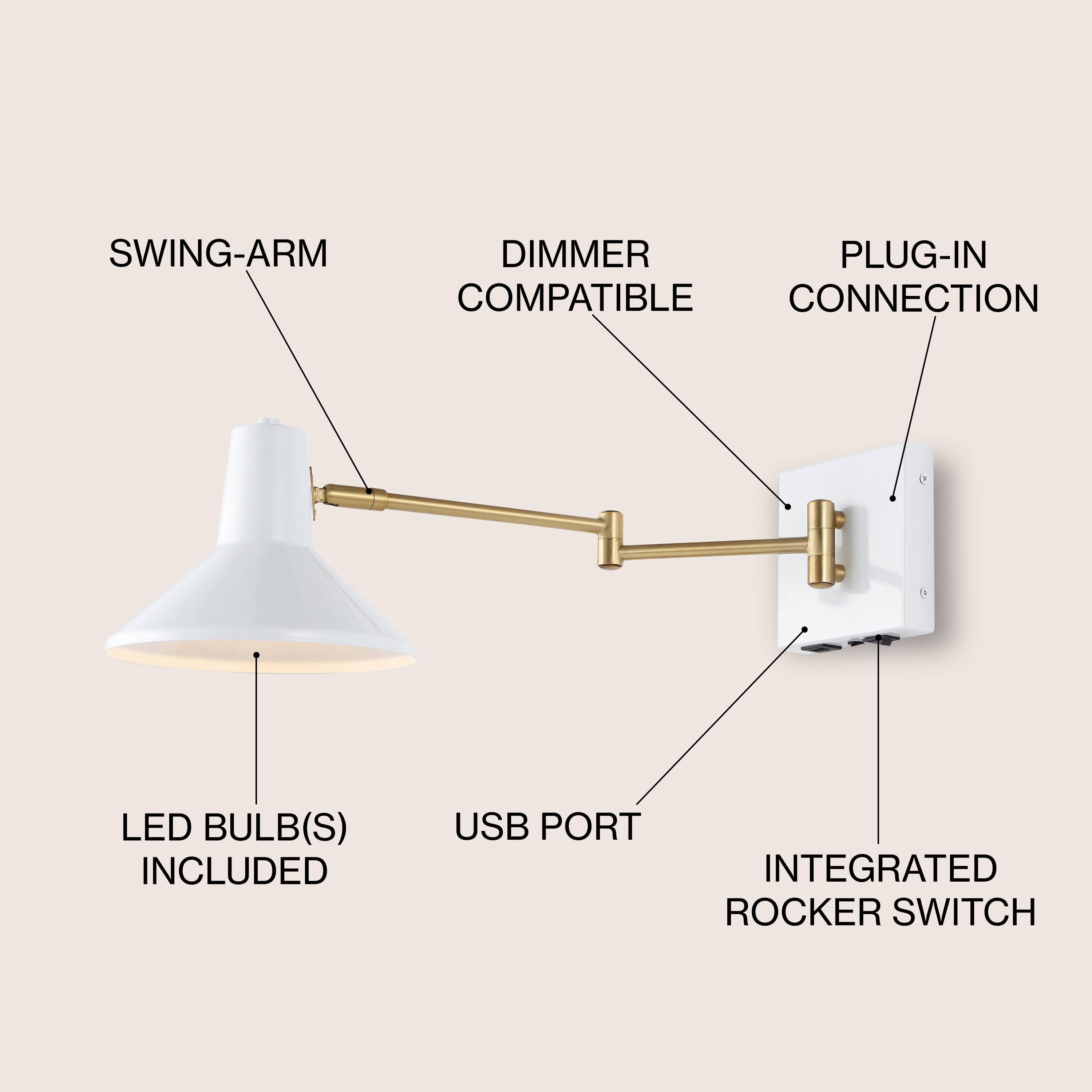 SWING-ARM DIMMER COMPATIBLE PLUG-IN CONNECTION LED BULB(S) INCLUDED USB PORT INTEGRATED ROCK SWITCH