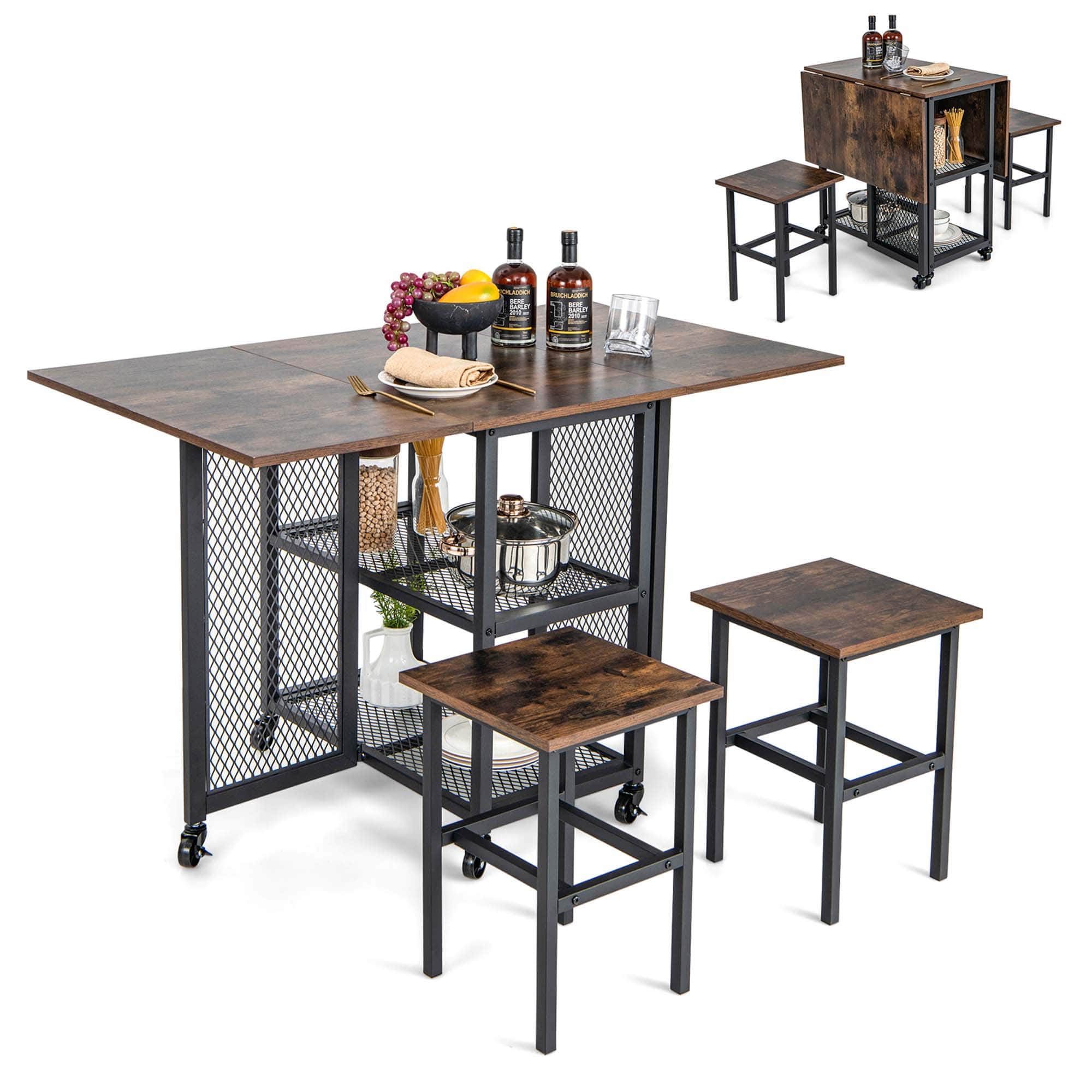 Costway - 3-Piece Foldable Dining Table Set Drop Leaf Expandable Dining Table & 2 Stools - Brown and Black