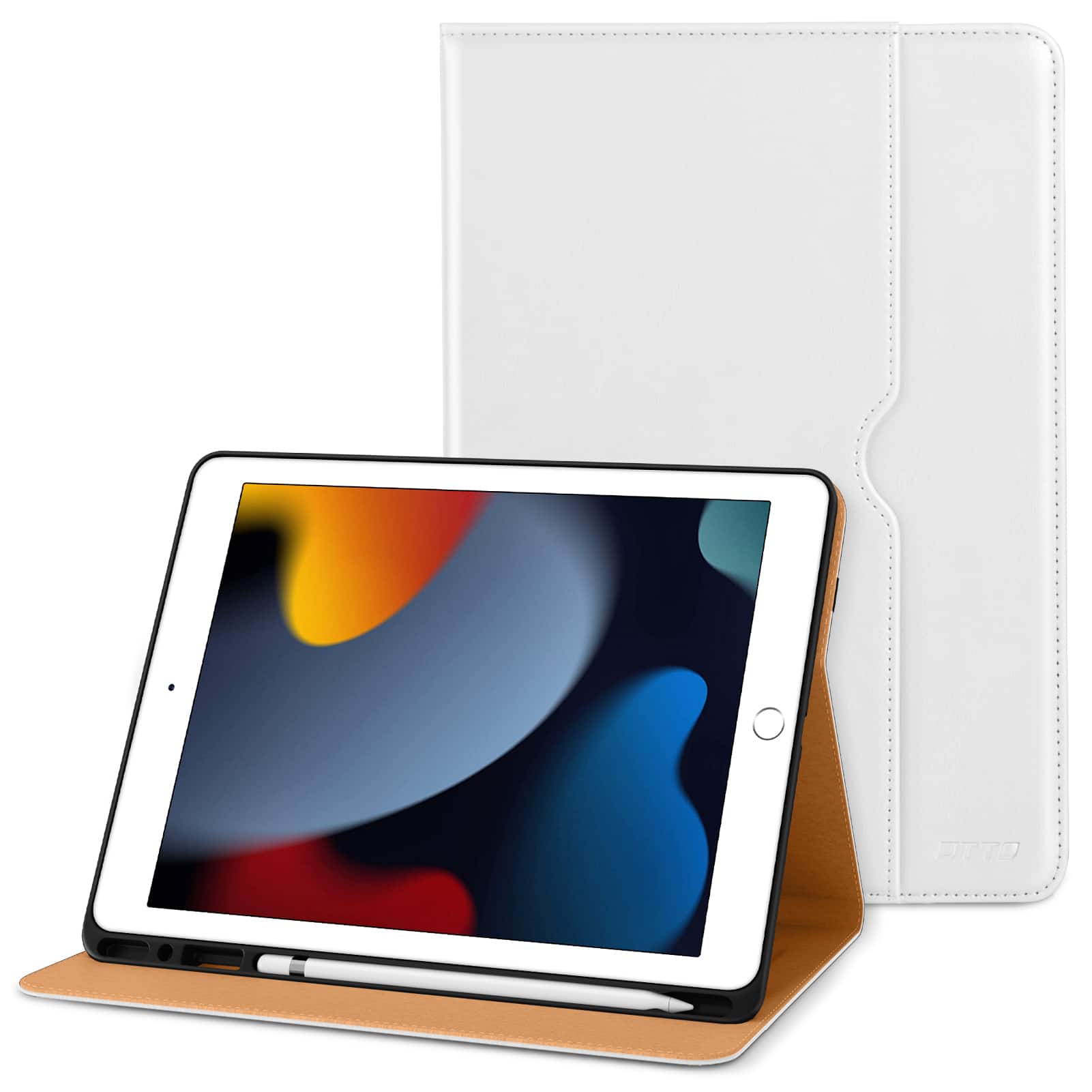 Front. DTTO - ​Case for iPad 9th/8th/7th Generation 10.2 Inch 2021/2020/2019, Premium Leather Folio Stand - Auto Wake/Sleep - White.
