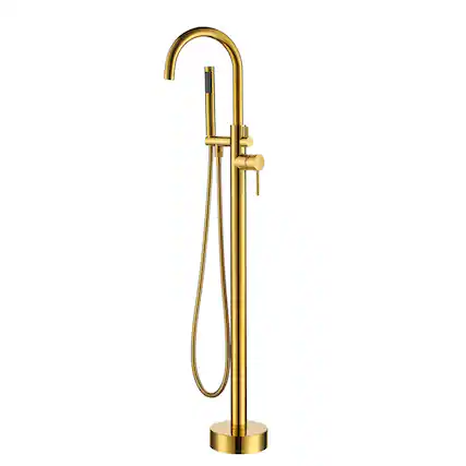 Front. Boyel Living - Single Handle Floor Mount Freestanding Tub Faucet with Hand Shower in Brushed Gold - Brushed Gold.