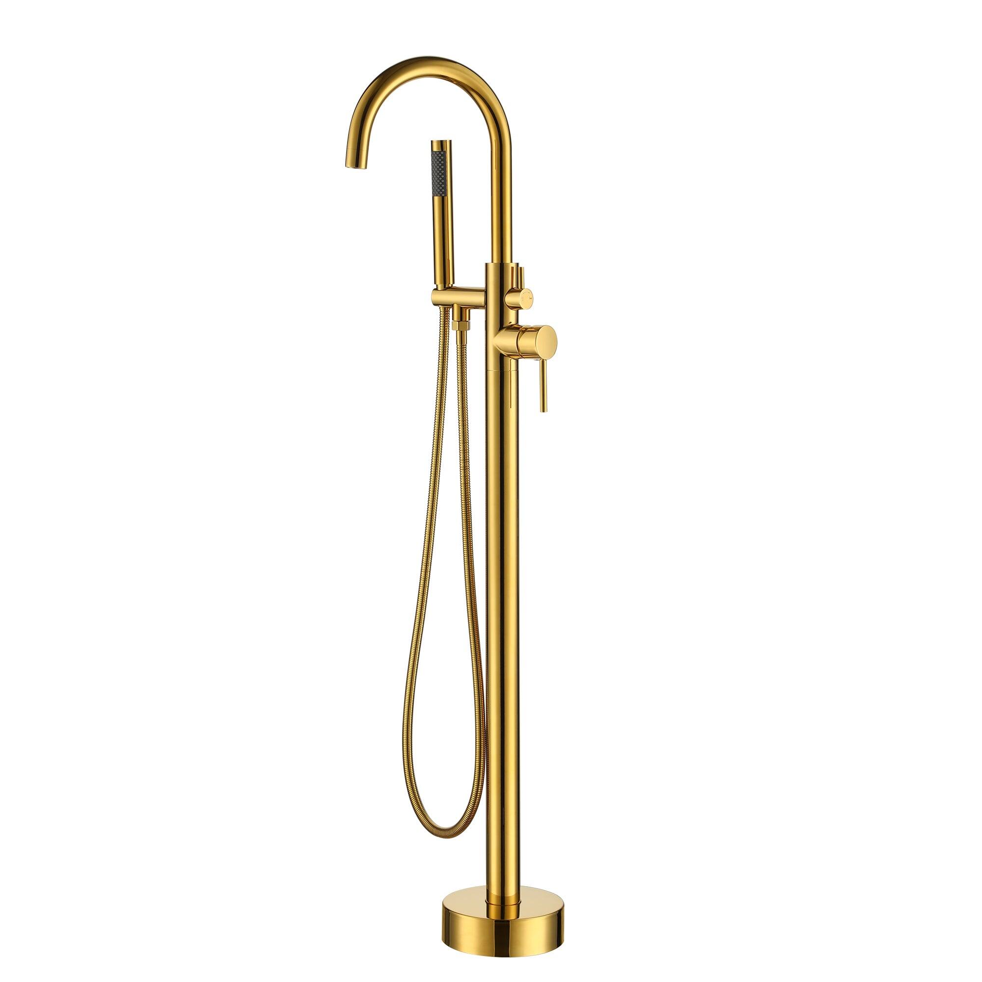 Front. Boyel Living - Single Handle Floor Mount Freestanding Tub Faucet with Hand Shower in Brushed Gold - Brushed Gold.