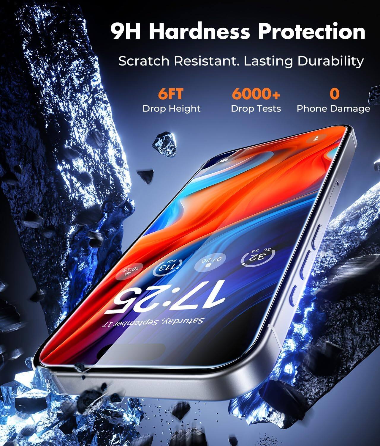 9H Hardness Protection  
Scratch Resistant. Lasting Durability  
6FT Drop Height  
6000+ Drop Tests  
0 Phone Damage  

34 26 AQI  
07:20  
32 113 Q  
18:25  
17:25  
17 September Saturday