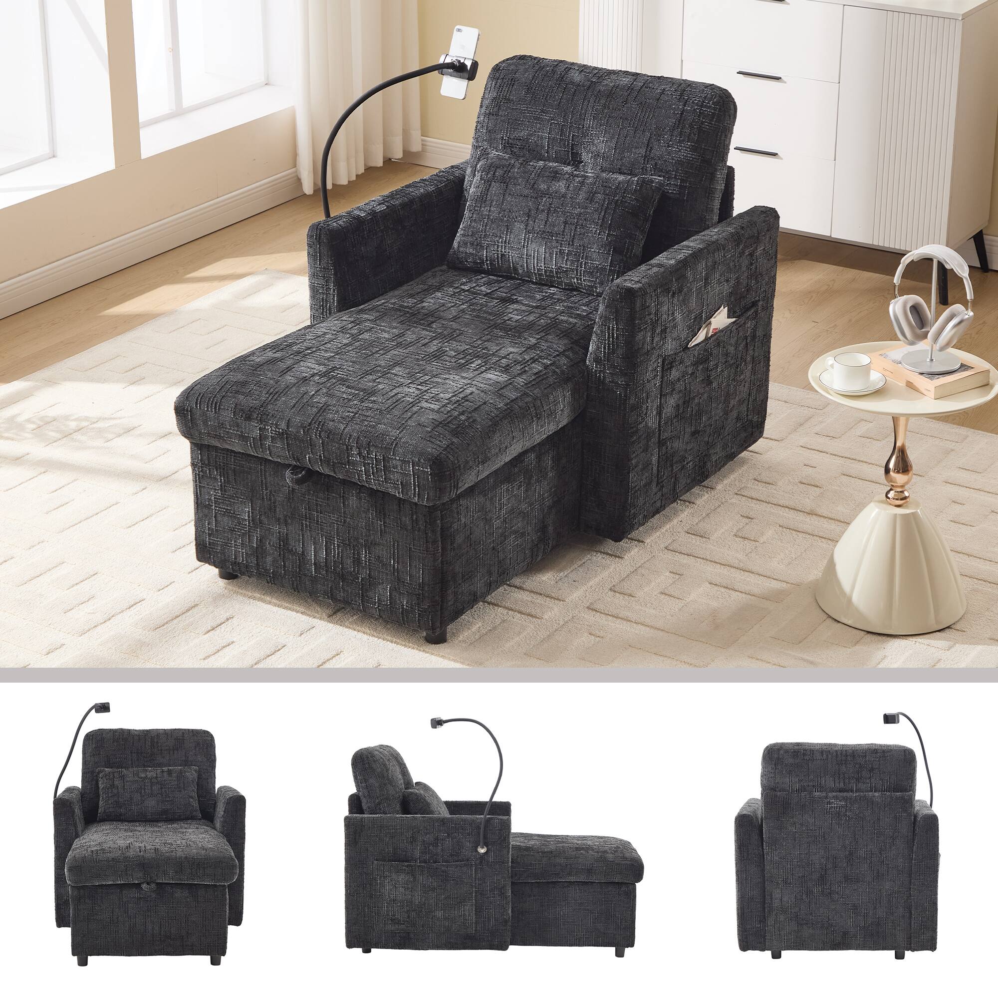 Back. Trinkets Crazed - Lazy Person Sofa Couch, Multifunctional Chenille Single Leisure Chair with Storage Backrest, Cell Phone Bracket - Black.