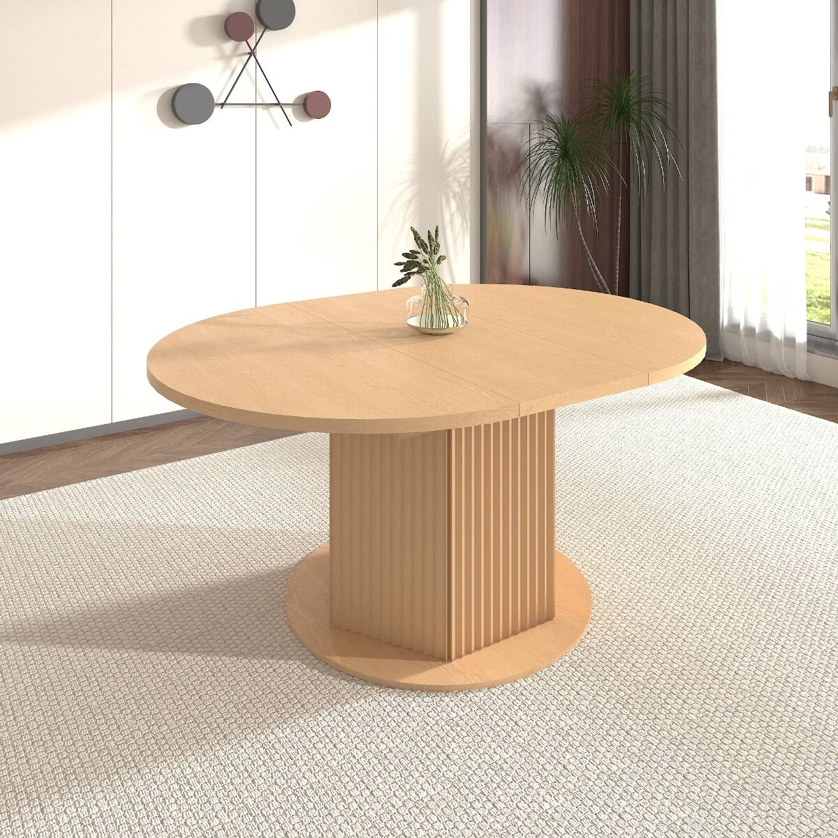 Angle. Loheer - Loheer Extendable Round Dining Table for Six, Light Brown Wood Table with Textured Base - Light Brown.