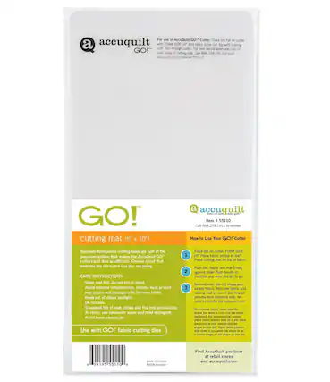 AccuQuilt GO! Cutter. Place cutter a accuquilt FOAM SIDE Add fabric with cutting mae through cutter best results alternate cuts GO!" both sides cutting 888.258.7913 accuquilt.com reorder *55110 GO! cutting mat (5' 10") a accuquilt Item 55110 Call 888.258.7913 reorder How Use Your Specially-formulated cutting mats part the precision system that makes the AccuQuilt GO! cutters and dies efficient. Choose mat that matches the die board size you using. CARE INSTRUCTIONS Store mat flat. not roll bend. Avoid extreme temperatures. Intense heat cold may cause mat damage become brittle. Keep out direct sunlight. not iron. extend life mat, rotate and flip mat periodically. clean, use lukewarm water and mild detergent. Avoid harsh chemicals. Use with GO! fabric cutting dies Place cutter. FOAM SIDE Place fabric die" Place cutting fabric. Push die. fabric and mat firmly against roller. Turn handle direction want Remove mat. die-cut shape and excess fabric A