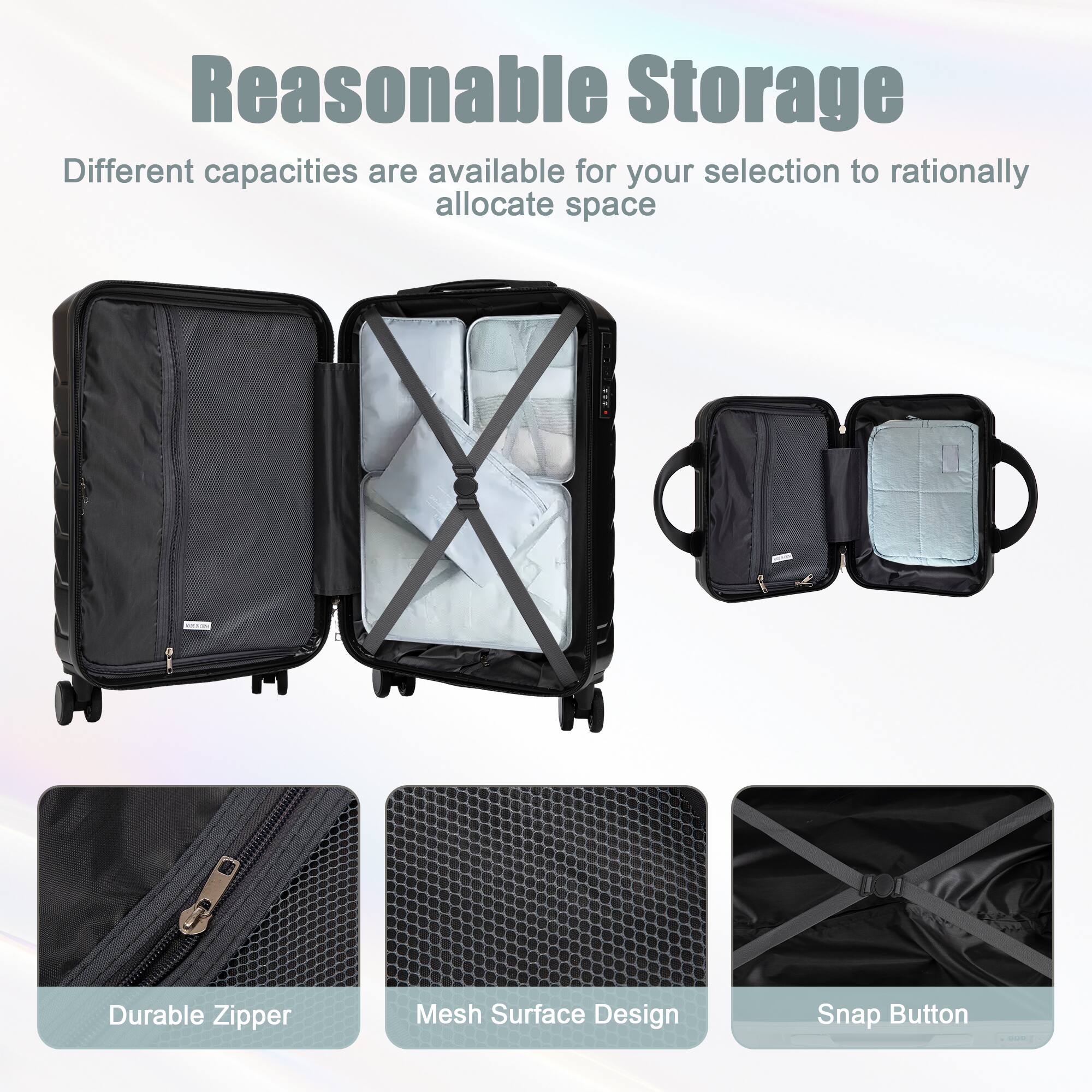 Reasonable Storage

Different capacities are available for your selection to rationally allocate space

- Durable Zipper
- Mesh Surface Design
- Snap Button