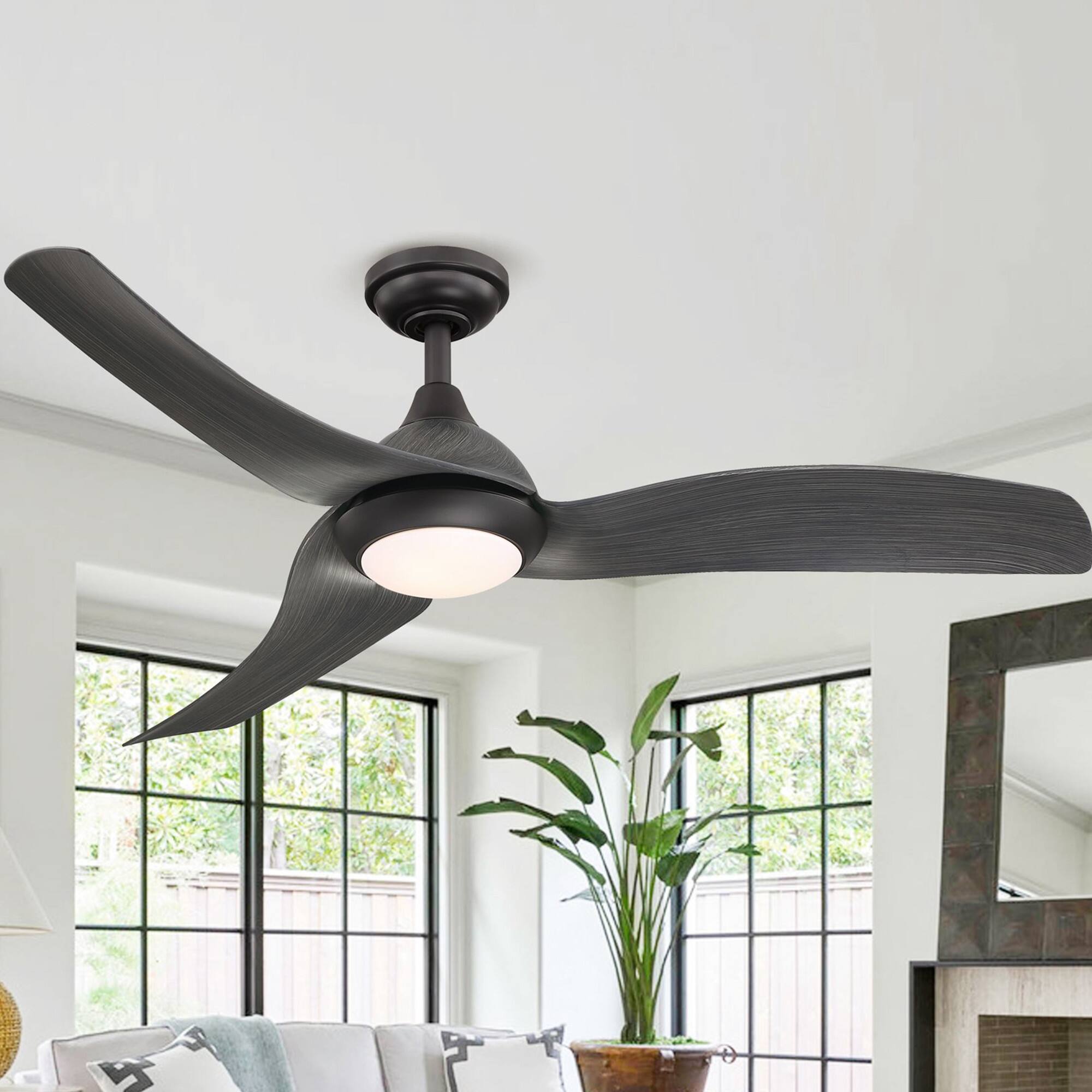 Front. Parrot Uncle - 52 in. Integrated LED Brushed Black Downrod Mount Ceiling Fan with Light and Remote - Dark Bronze.