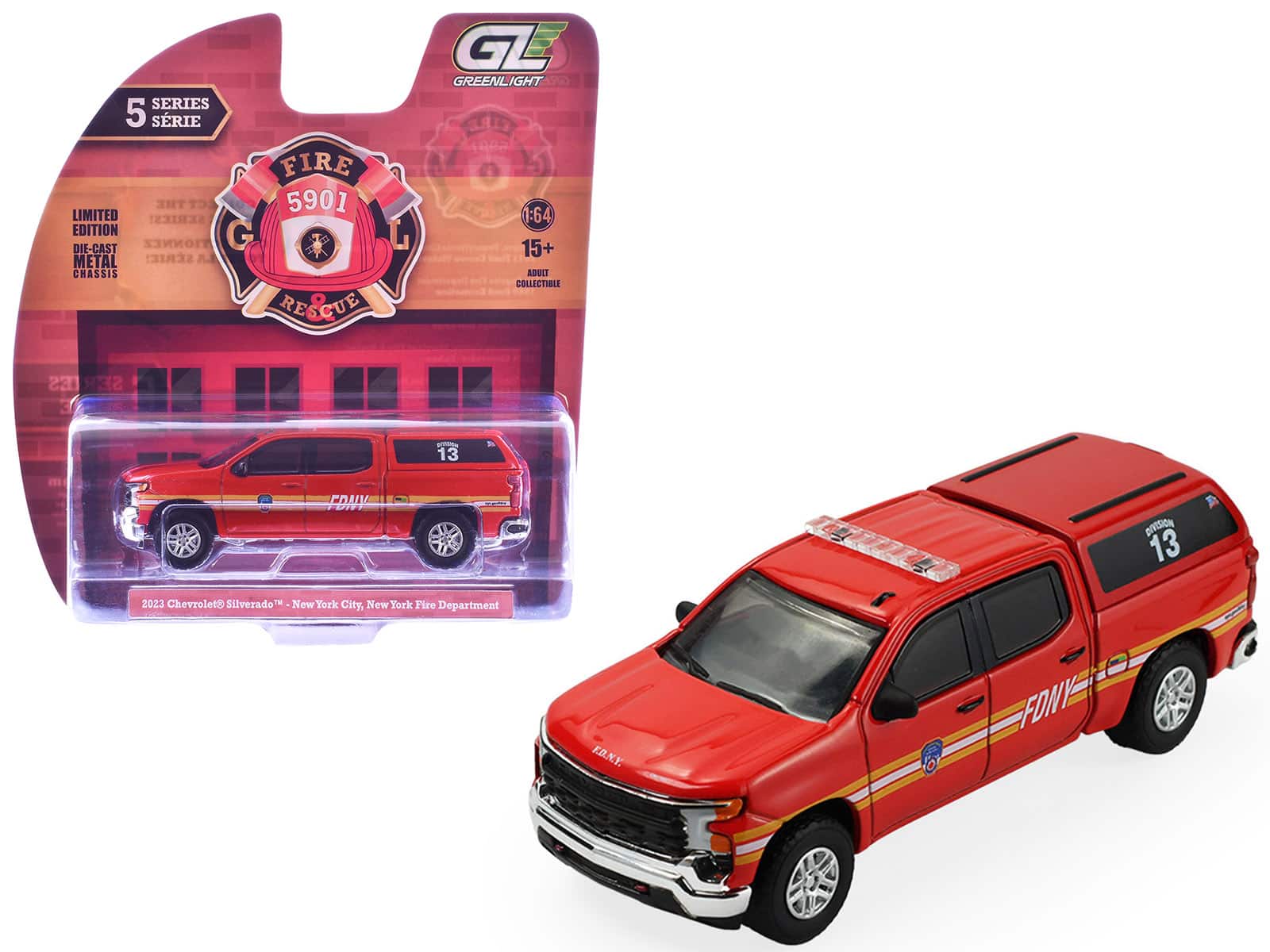 "2023 Chevrolet Silverado Truck with Camper Shell ""FDNY (NYFD)"" Red with Stripes 1/64 Diecast Model Car by Greenlight" price history on PriceWatchPro