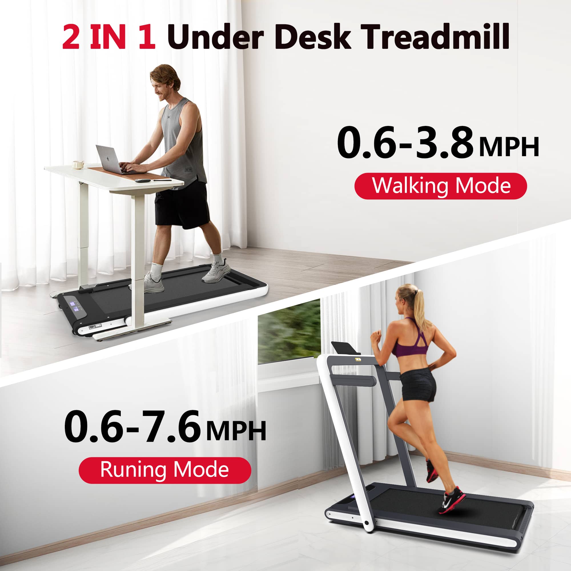 APRILSOUL - 2 in 1 Under Desk Treadmill 3HP Folding Electric Walking Jogging Machine Remote Control - White