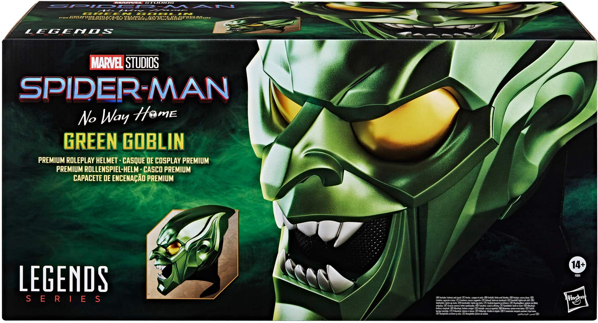 * Legends Marvel Studios Spider-Man No Way Home Green Goblin Premium Roleplay Helmet
* Casque de cosplay premium
* Premium roleplay helmet
* Capacete de encenao premium
* Legends series
* 14+ FRE Hasbro