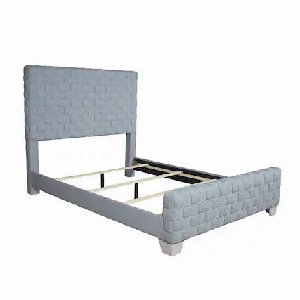 Front. Manhattan Lane - Reah Queen Size Bed, Light Teal Blue Chenille, Gray Panel Headboard - Gray, Teal Blue.