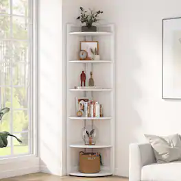 Tribesigns - Corner Bookshelf with Metal Frame, Storage Shelves and Space-Saving Design for Living Room and Bedroom - White