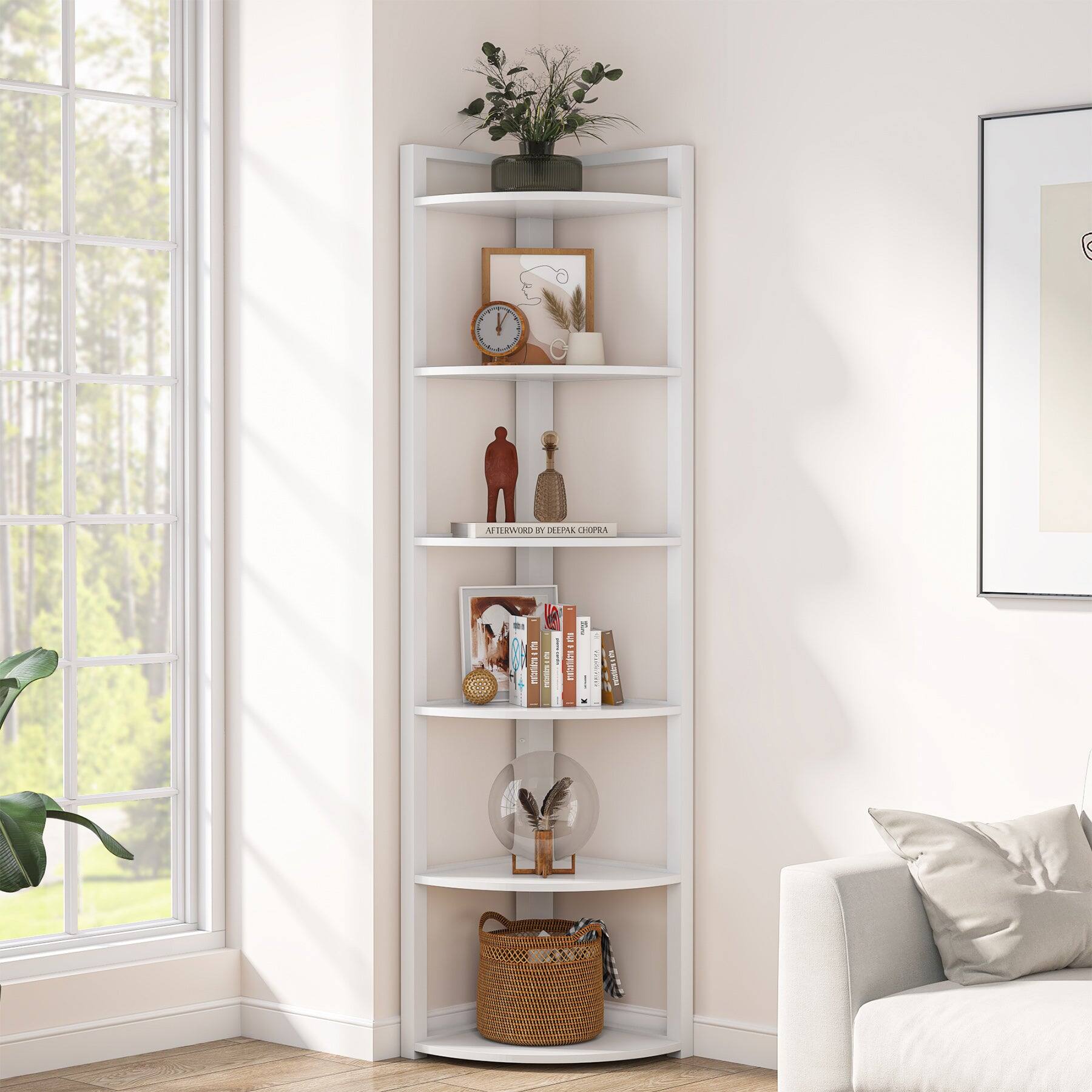 Tribesigns - Corner Bookshelf with Metal Frame, Storage Shelves and Space-Saving Design for Living Room and Bedroom - White