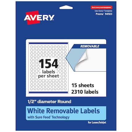 Go to avery.com/templates
AVERY
Use Avery Template Presta* 94503
154 labels per sheet
15 sheets
2310 labels
1/2" diameter Round White Removable Labels with Sure Feed Technology for Laser/Inkjet