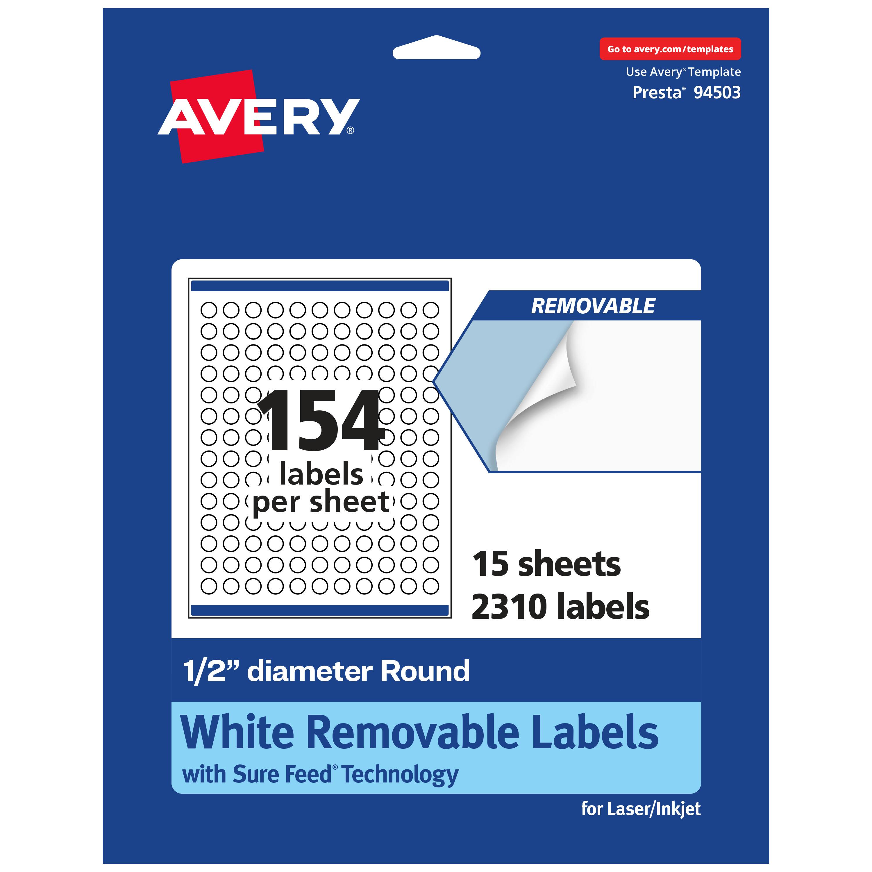 Go to avery.com/templates

AVERY

Use Avery Template Presta* 94503

154 labels per sheet

15 sheets

2310 labels

1/2" diameter Round White Removable Labels with Sure Feed Technology for Laser/Inkjet