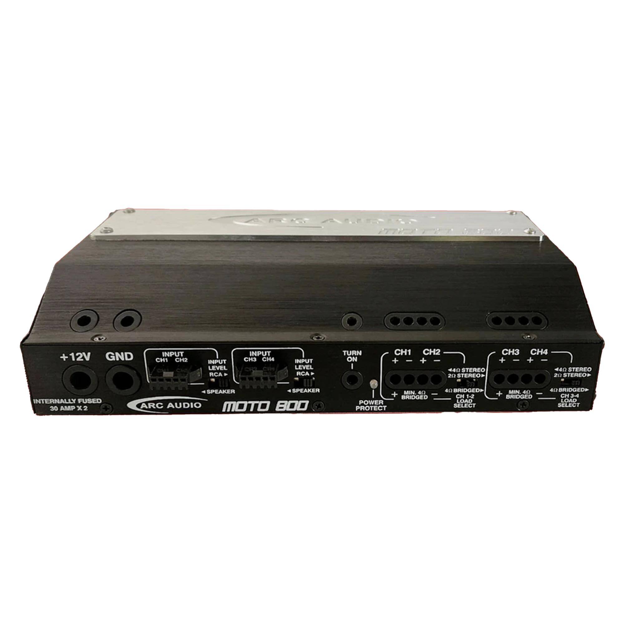 ANK ANS +12V GND INPUT CH1 CH2 INPUT LEVEL RCA . INPUT CH3 CH4 INPUT LEVEL RCA - TURN ON I CH1 + I CH2 + - 80 STEREO P STEMEO - CH3 CH4 + I + 4A0 STEREO  STEREOE INTERNALLY FUSED 30 AMP X2 SPEAKER SPEAKER ARC AUDIO MOTO 800 MIN A + BRIDGED POWER PROTECT a BRIDGED Cas 12 LOAD SELECT + MIN 4 BRIDGED .1. BRIDGED na LEMO SELECT
