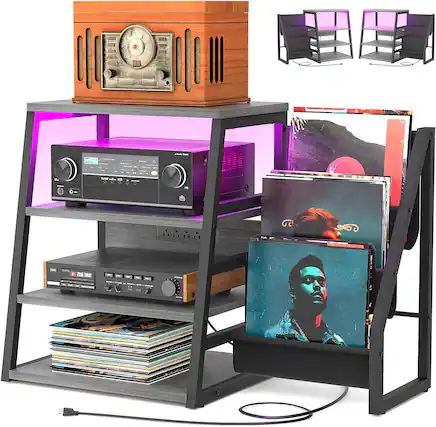 Front. Aheaplus - 4-Tier Media Stand with Vinyl Storage, Power Outlets & LED Lights - Off-White.