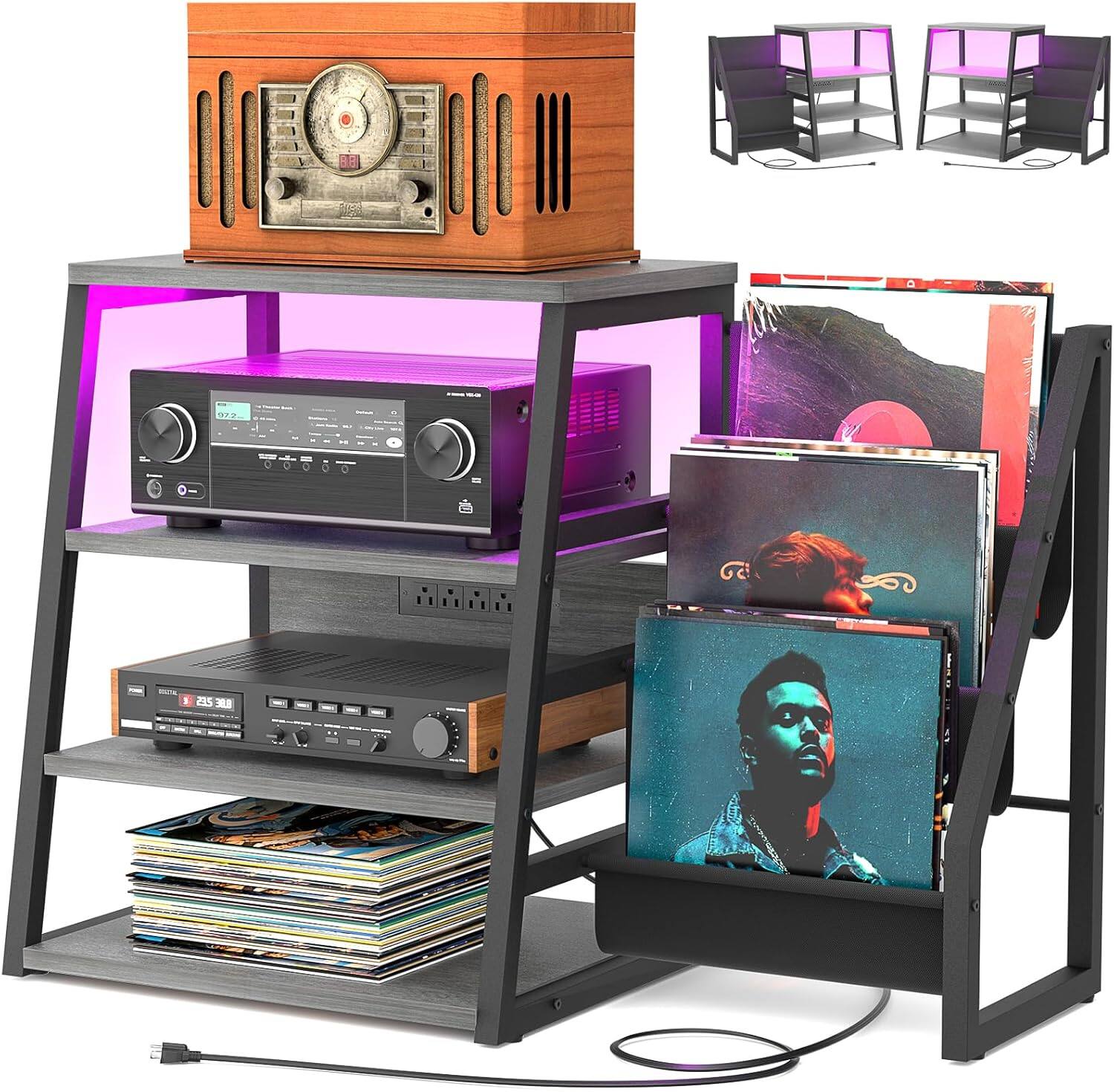 Aheaplus - 4-Tier Media Stand with Vinyl Storage, Power Outlets & LED Lights - Off-White