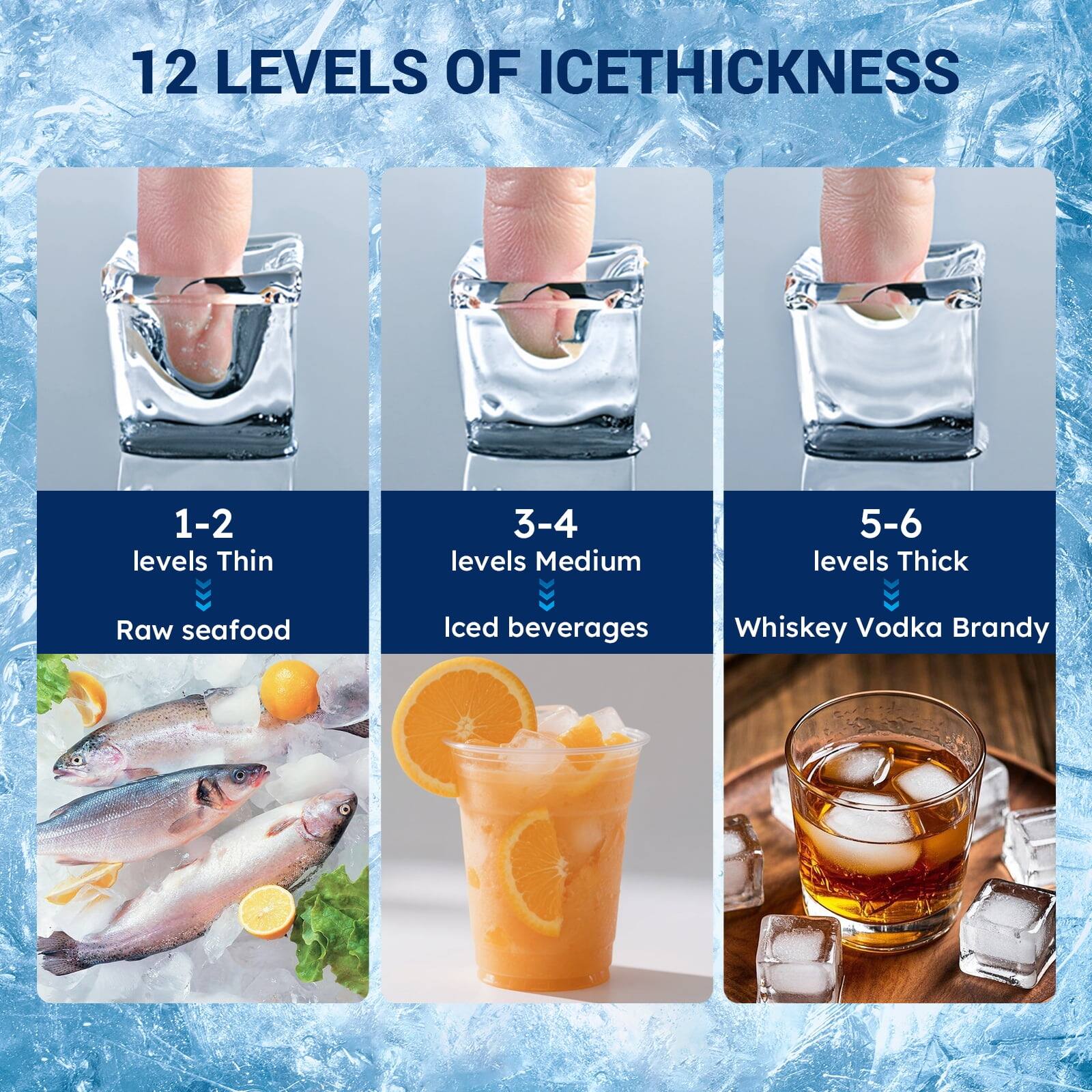 12 Levels of Ice Thickness

1-2 levels Thin  
Raw seafood

3-4 levels Medium  
Iced beverages

5-6 levels Thick  
Whiskey Vodka Brandy