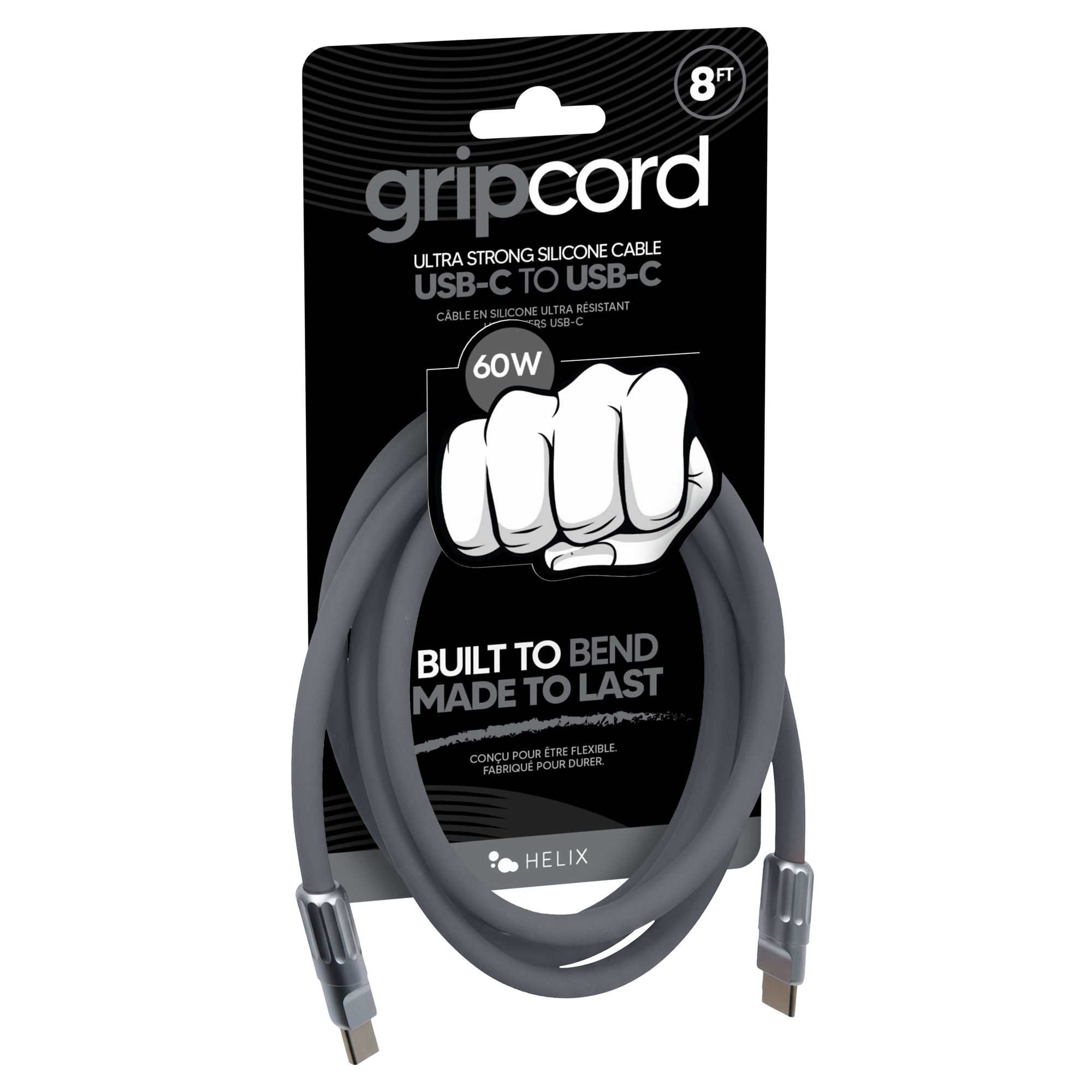 8FT gripcord STRONG SILICONE CABLE ULTRA USB-C TO USB-C SILICONE ULTRA RESISTANT CABLE EN SILICONE ULTRA RESISTANT USB-C 60W BUILT TO BEND MADE TO LAST POUR ÊTRE FLEXIBLE CONÇU POUR DURER FABRIQUÉ POUR DURER